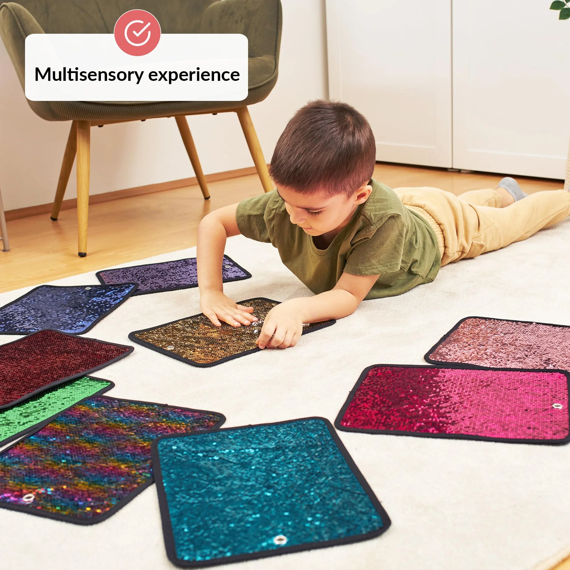 ODOXIA Tapis Sensoriel en Tissu à Paillettes pour Enfants, Dalles Sensorielles Réversibles