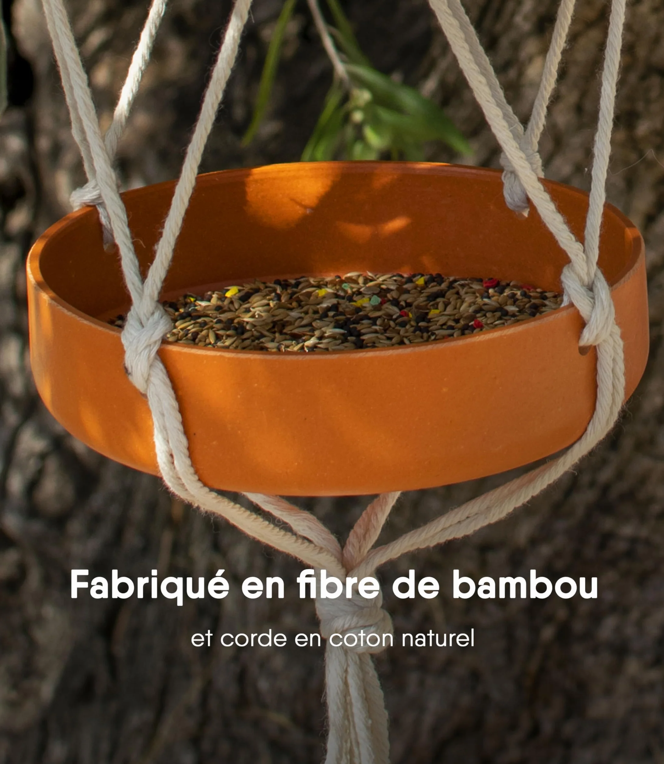 Mangeoire d'extérieur Suspendue Double Plateau Fibre de Bambou Corde Coton Jardin Balcon