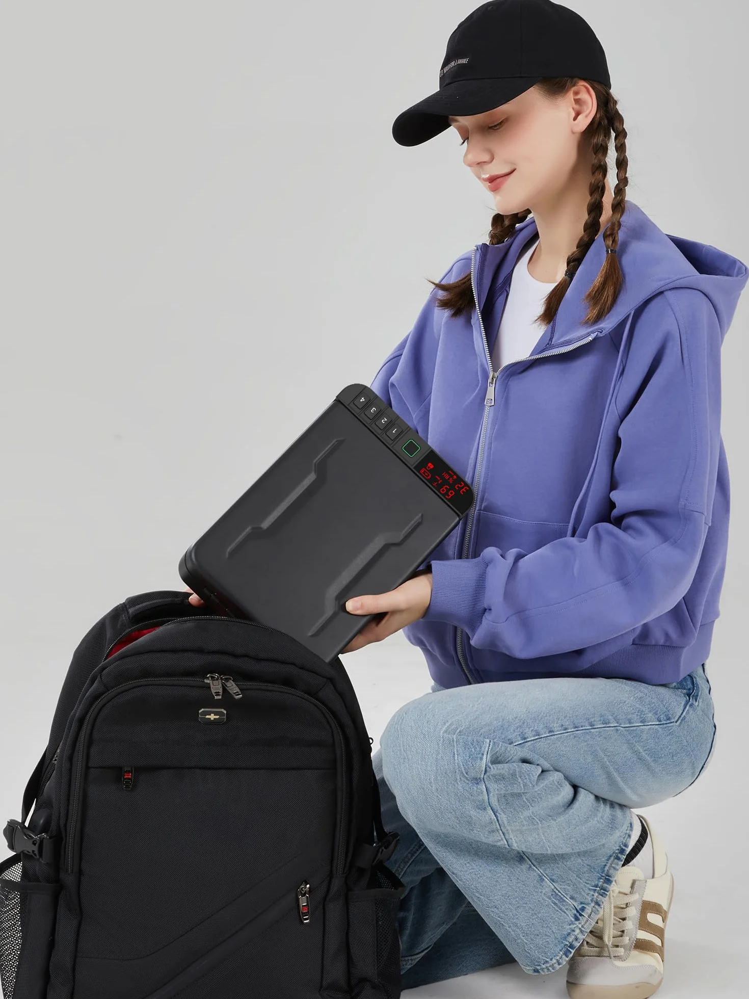 Z ZLJUAN Coffre-fort portable pour pistolet avec écran LCD de la température, de l'humidité, avec empreintes digitales biométriques, serrure à clavier, clé, arme de poing biométrique pour voyage