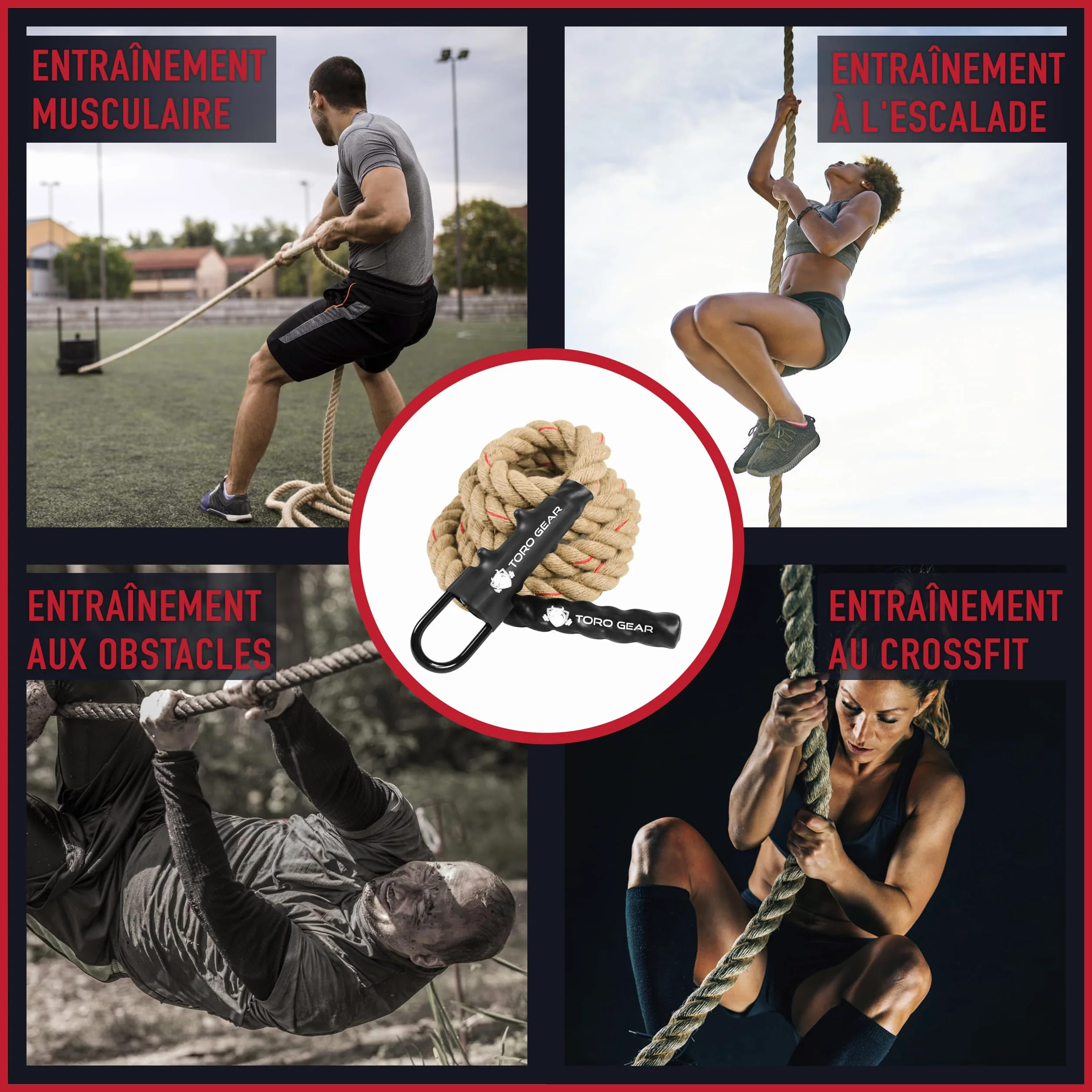 Corde à Grimper en Jute 38 mm, 3-6 m avec Mousqueton pour Crossfit et Pompiers