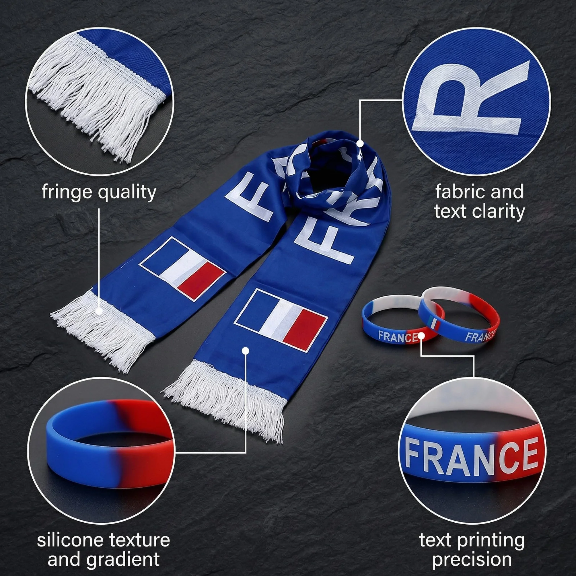 Écharpe de Supporter avec 2 Bracelets en Silicone, Kit Accessoire Bleu Blanc Rouge pour Match de Football et Rugby, Idée Cadeau pour Supporters Homme et Enfant