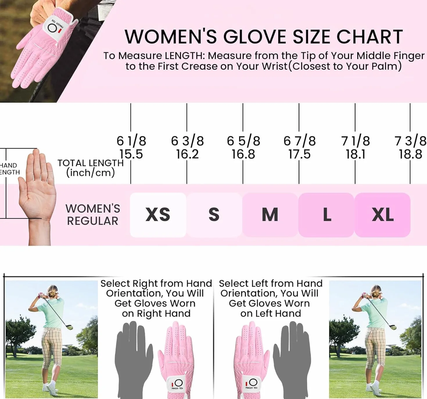 FINGER TEN Gant de Golf pour Femme Main Gauche pour Golfeur droitier, Humide, Chaud et Froid, Pluie adhérente par Tous Les Temps, Convient aux Tailles S, M, L, XL
