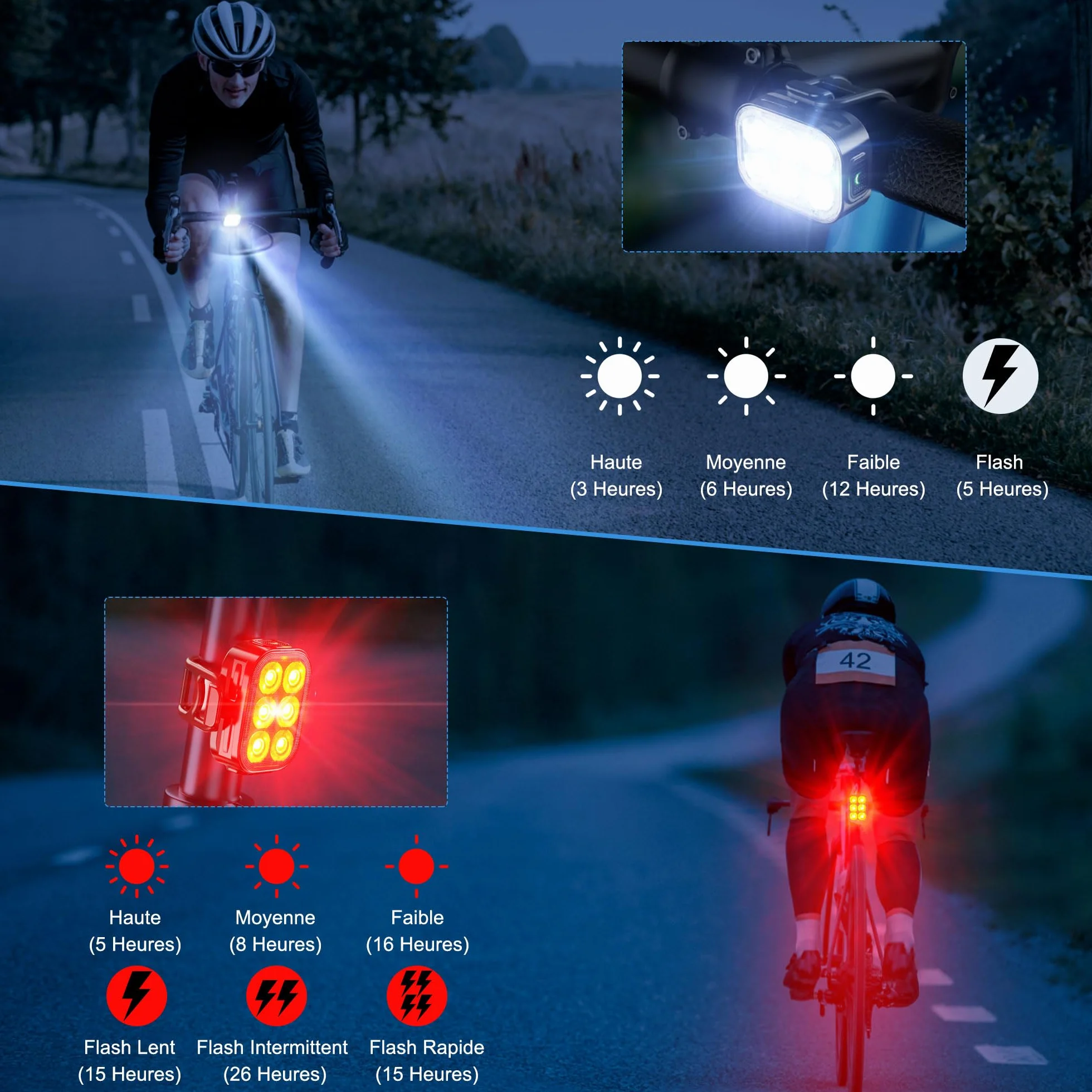 Lumiere Velo，Feux Avant et Arrière de Vélo, IP65 Imperméable à l'eau USB Rechargeable, Équipé de 6 Perles de Lumière LED Super Lumineux, 4 + 6 Modes D'éclairage, Adapté pour la Conduite de Nuit.