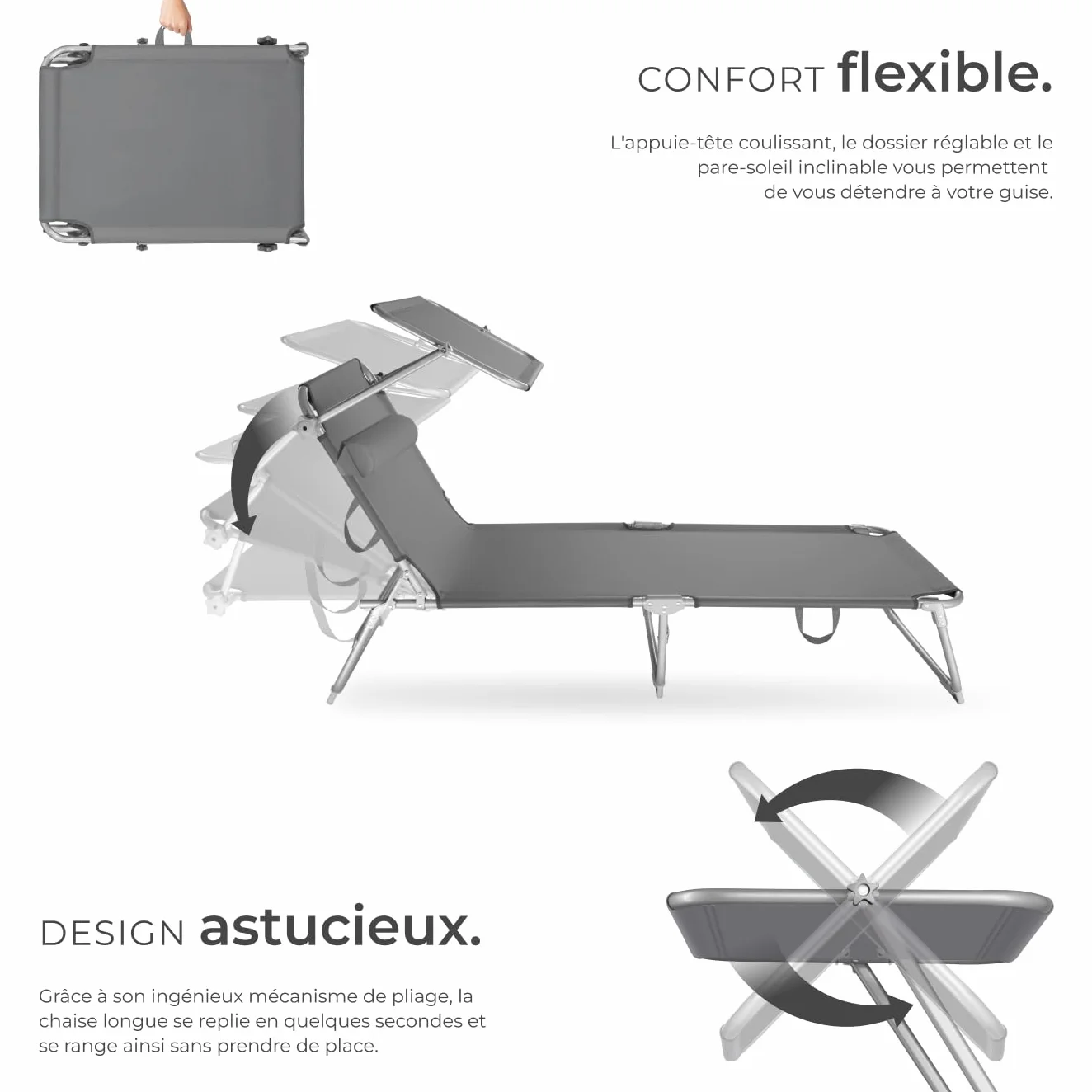 Tectake Set de 2 Chaises Longues Pliantes avec Pare Soleil & Appuie-tête - Transat Inclinable de Plage Gris
