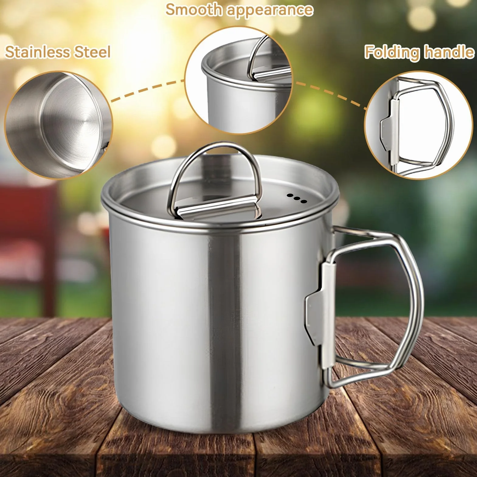 HERCHR 350ml Tasse de camping, tasse à eau en acier inoxydable avec poignées pliables et couvercle portable et résistante à la chaleur tasse à café isotherme pour le camping en plein air