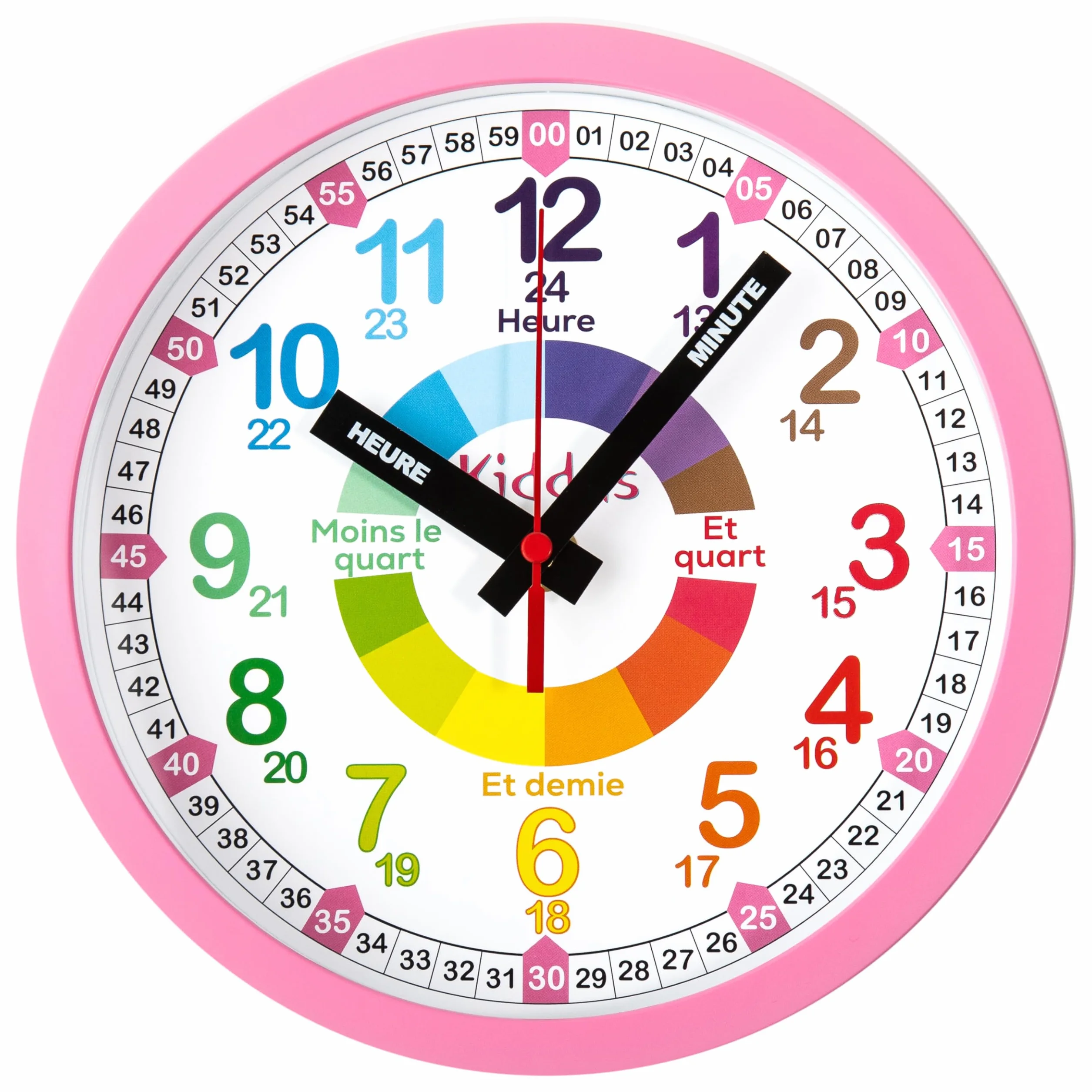 Horloge Murale Enfant Apprendre l'Heure 20cm Aiguilles Inscrites Silencieuse Chiffres Colorés