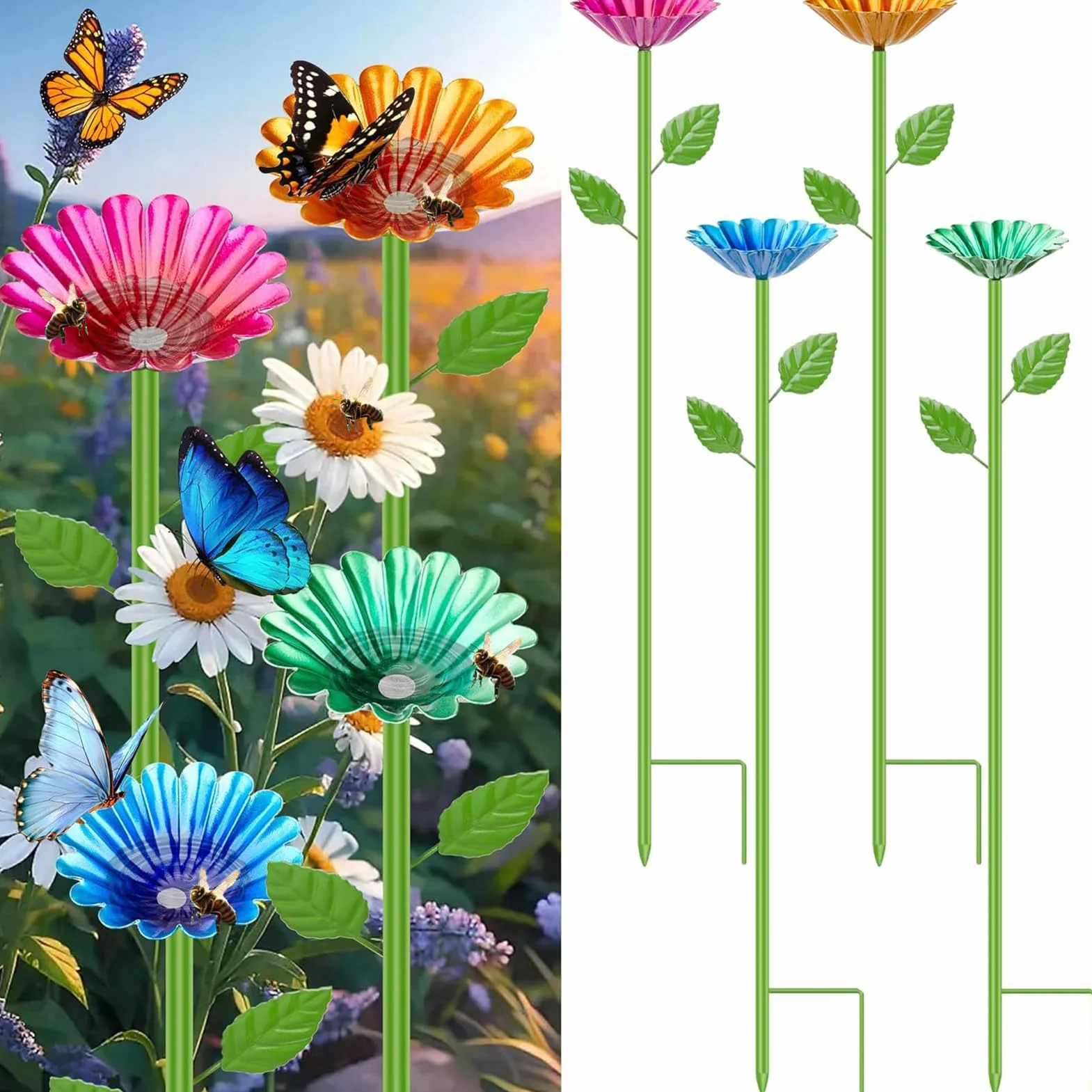 Abreuvoir pour Abeilles Jardin Mangeoire Papillon Bain d'Abeilles Piquet Fleur Métal Coloré Station d'Eau Insectes Décoration Extérieur 4 Pièces