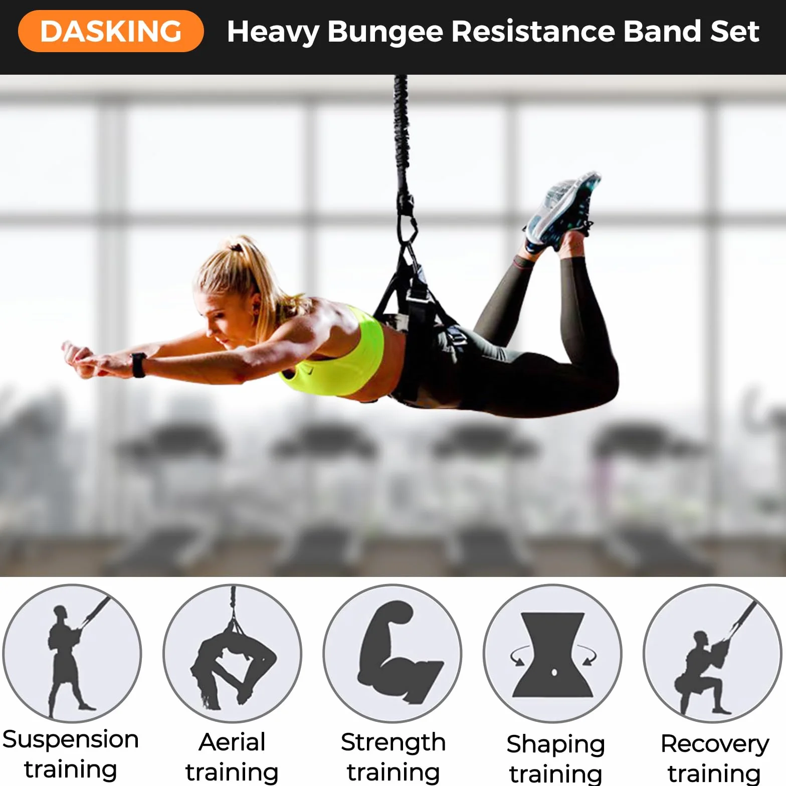 DASKING Bungee Fitness Kit, Fun 4D Aerial Yoga Dance Sangle de Suspension, Solide Harnais Bungee Fitness Cord, Yoga Volant Corde, Professional Bungee-Fitness pour La Maison Hommes et Femme
