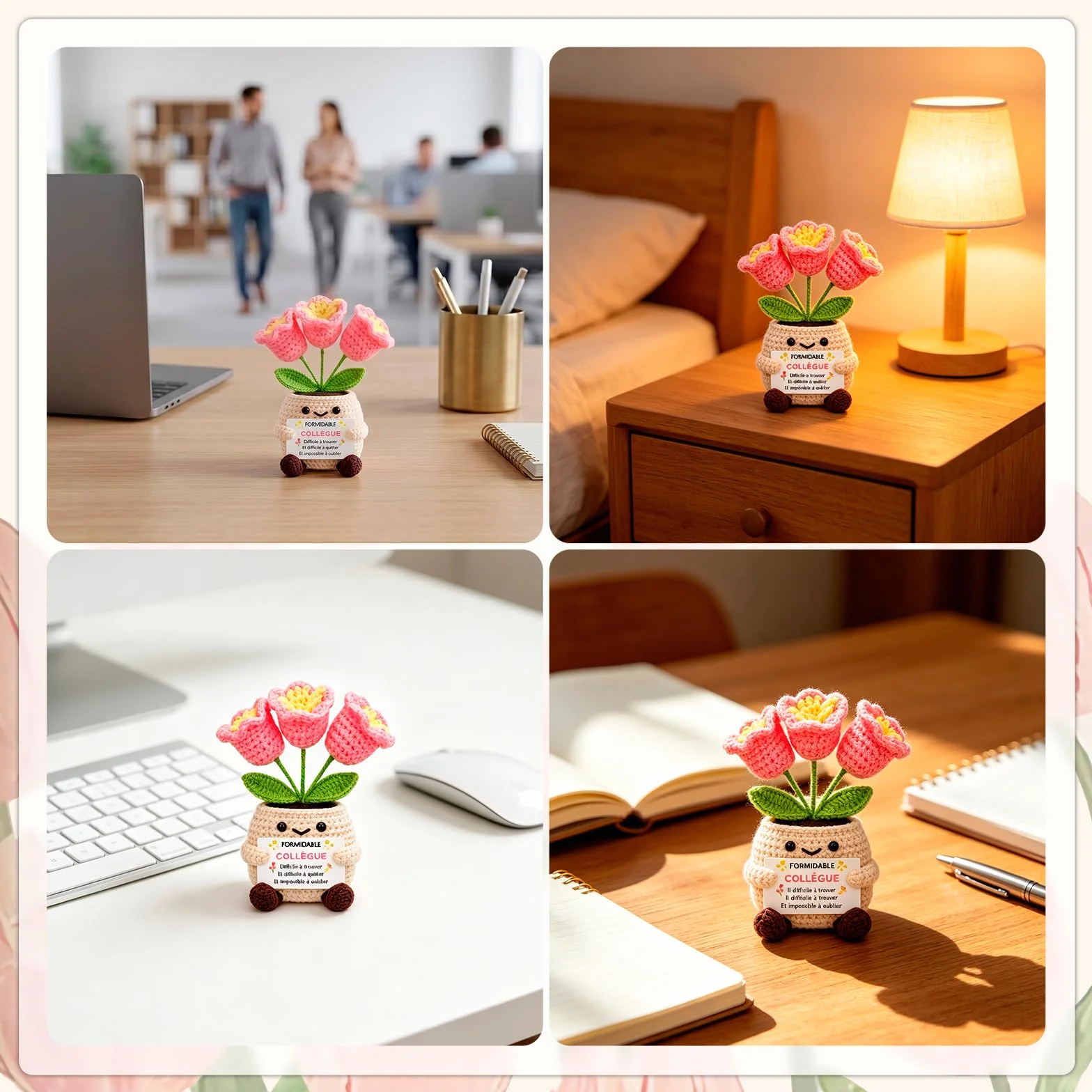 Pot De Fleurs Au Crochet Cadeau Collegue Femme Anniversaire Idée Depart Retraite Message Présent Elle Déco Bureau Unique Noël Fête