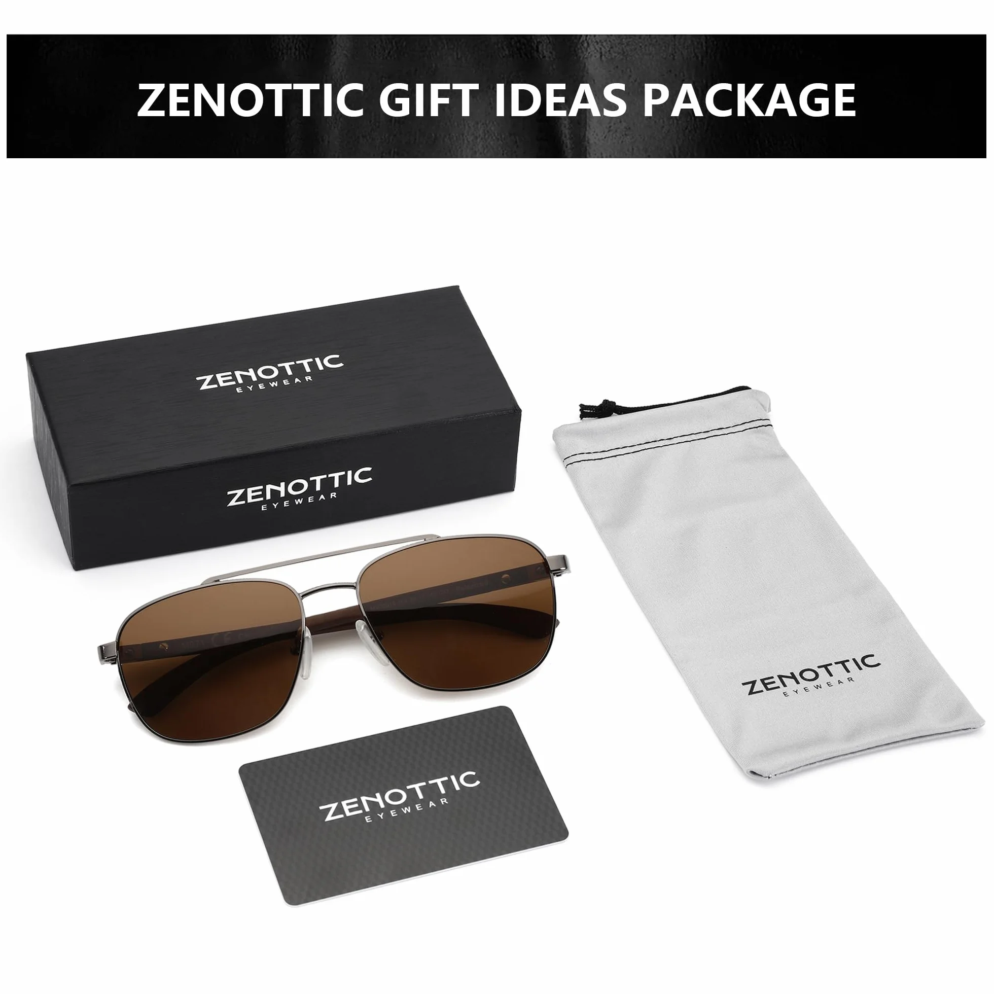 ZENOTTIC Lunettes de soleil polarisantes pilote homme monture carrée en métal miroité temple en bois lentille de protection UV400