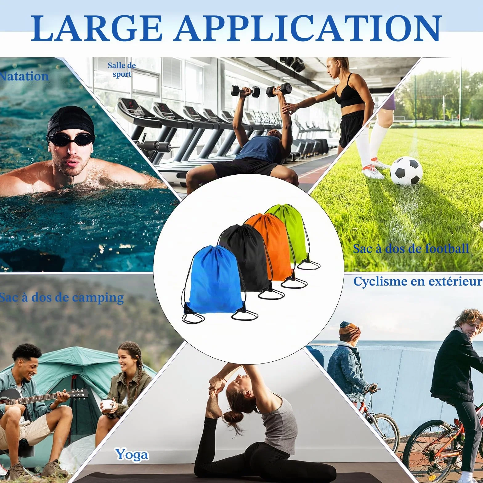 Gjinxi Sac à dos avec cordon de serrage 4 pièces, sac à dos léger à cordon pour homme et femme, sacs à cordon pour le sport, la gym, la natation, la plage, le football