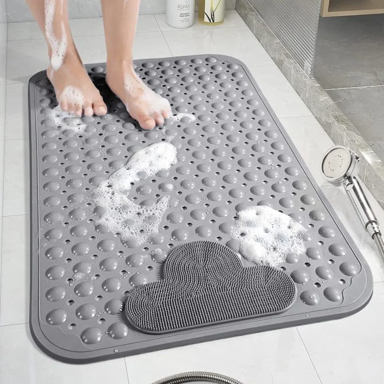 Tapis de Douche Antidérapant 106 x 66 cm avec Ventouses, Lavable en Machine, Gris