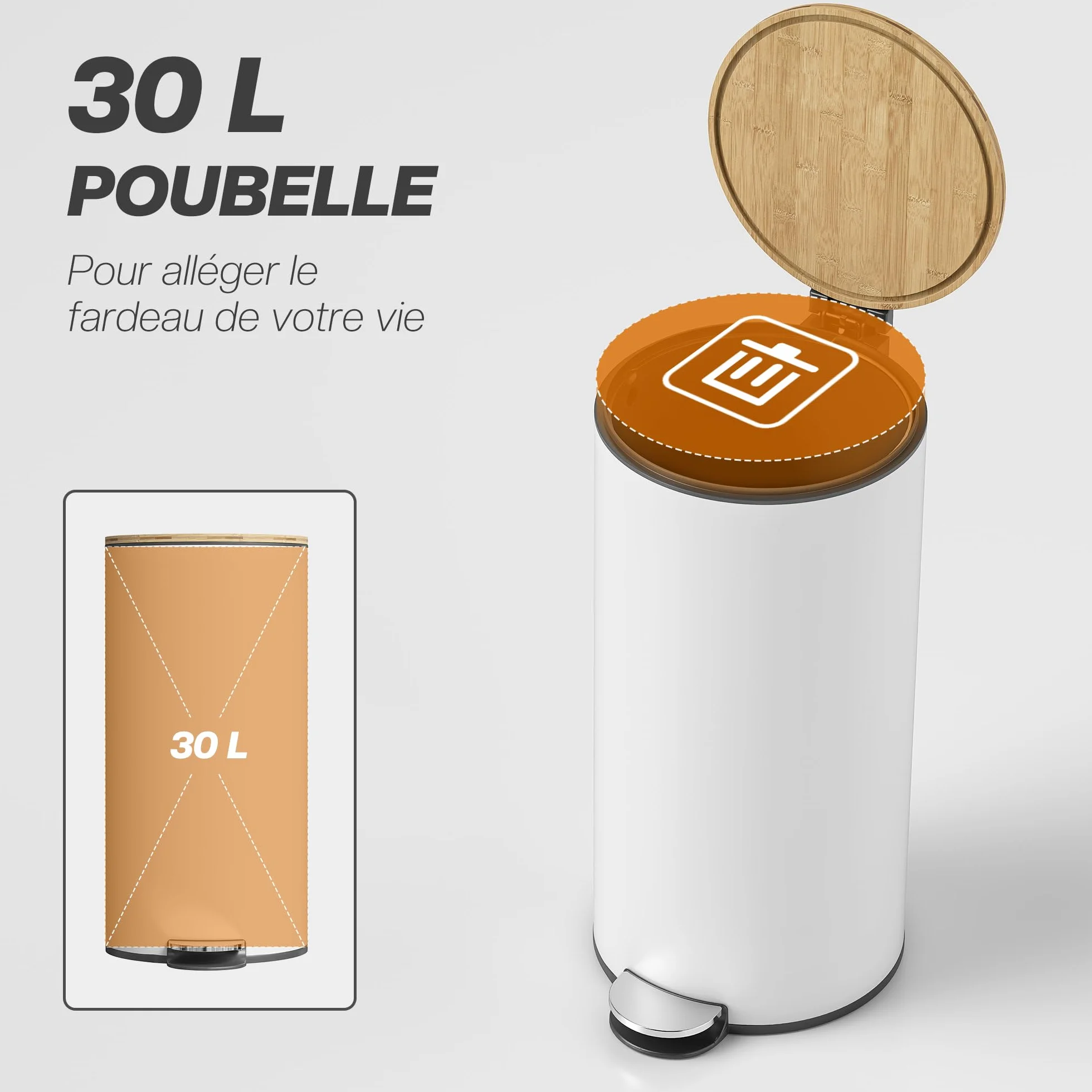HOMCOM Poubelle Cuisine 30L Poubelle à Pédale Métal Seau Intérieur Amovible Couvercle Bambou Fermeture Douce Blanc