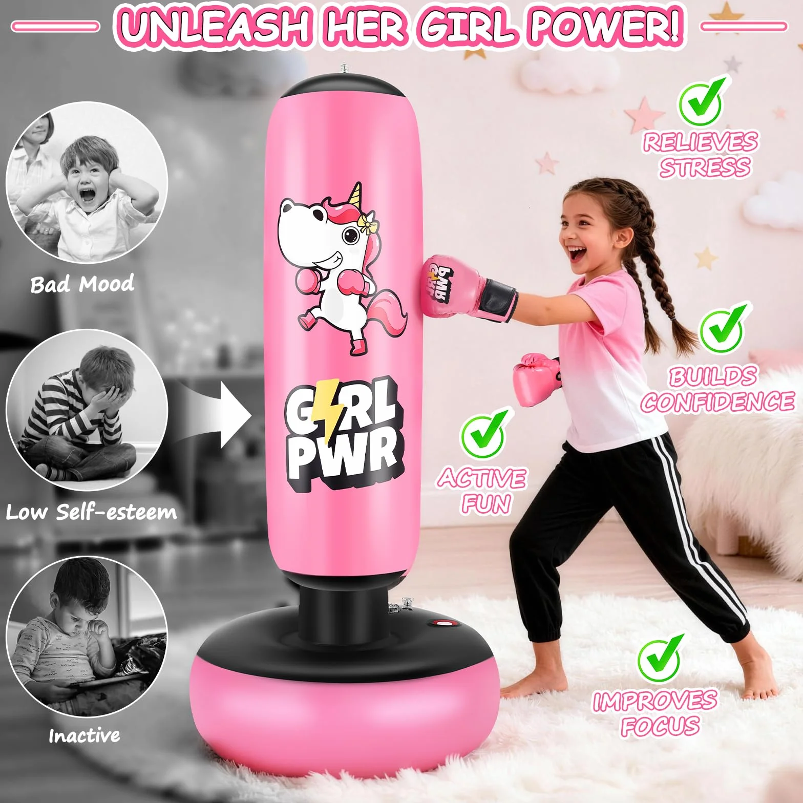 Punching Ball avec Gants de Boxe et Pompe, Sac de Boxe Enfant 168 cm - Idéal pour Karaté, Taekwondo, Cadeau Parfait pour Garçons & Filles de 5 à 12 Ans (Rose)