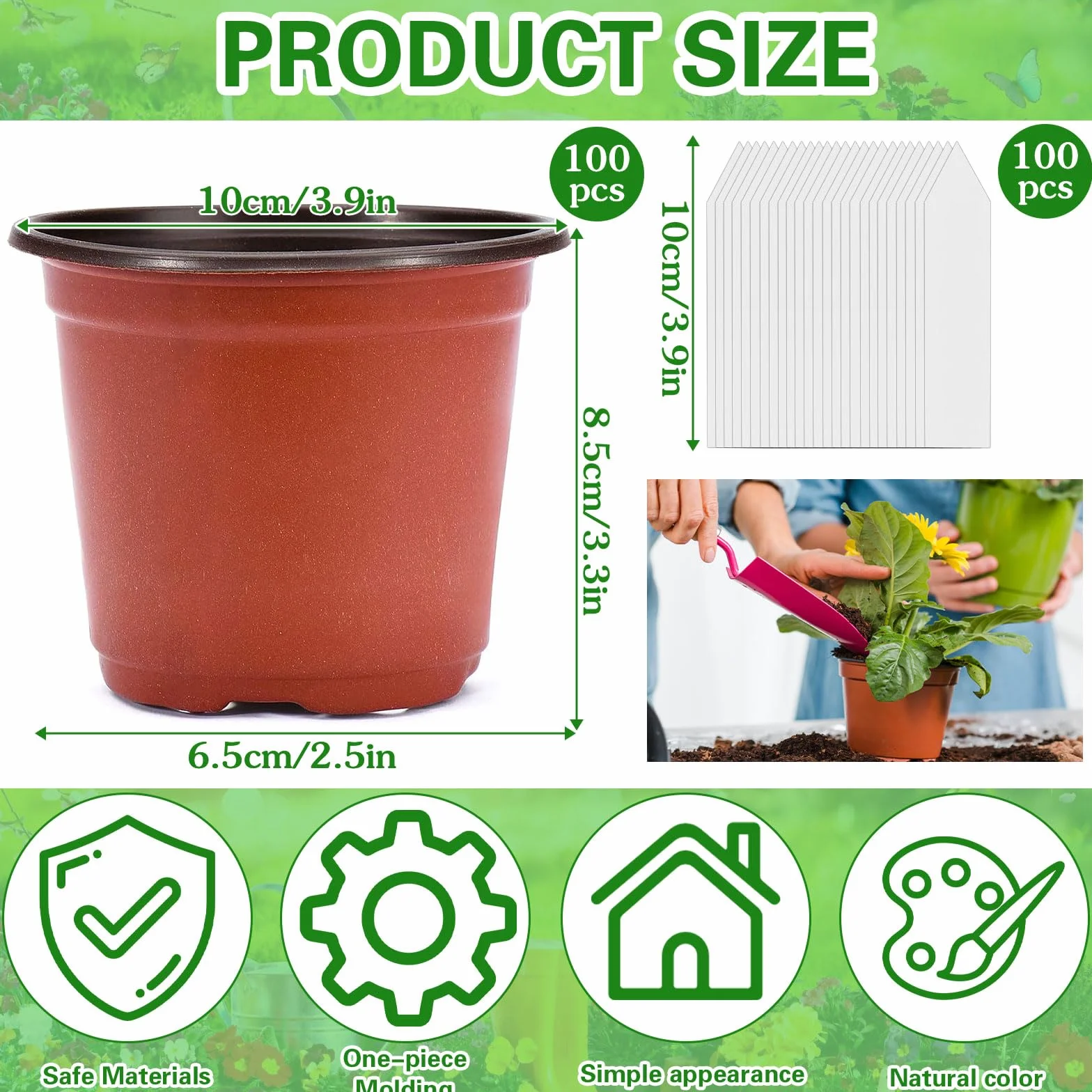 Pot de Fleur Plastique 10cm avec 100 Étiquettes, Pot Semis Réutilisable pour Plantation Intérieure et Extérieure