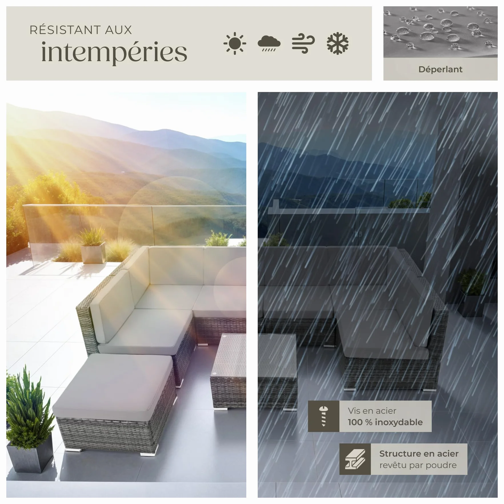 Tectake Salon de Jardin en Rotin Modulable, Canapé Ensemble 6 Fauteuils 1 Tabouret Pouf 1 Table Gris
