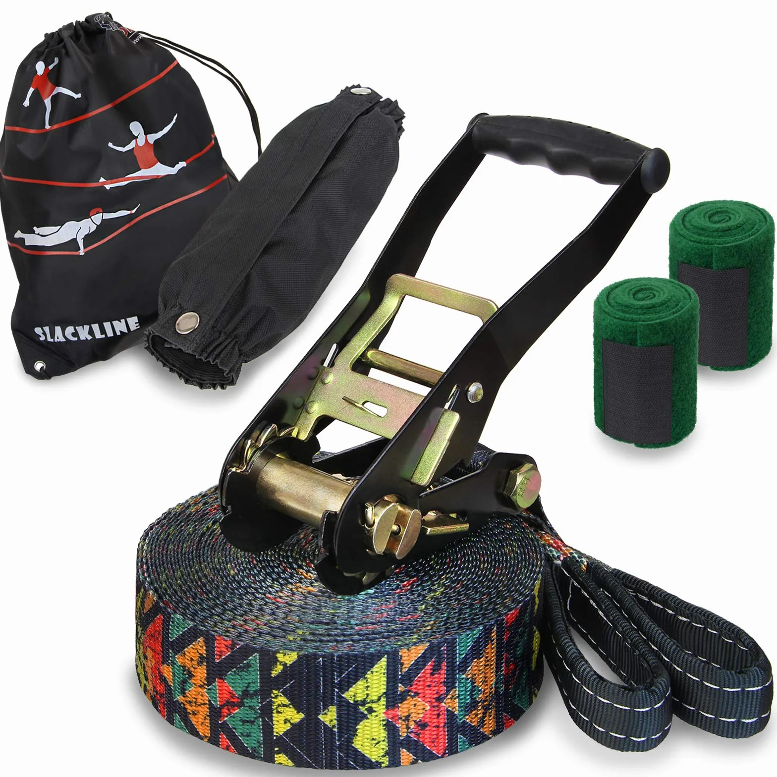 ALPIDEX Slackline Set 15 m + Protections pour Arbre et Protection cliquet, Convient aux Enfants, débutants et avancés