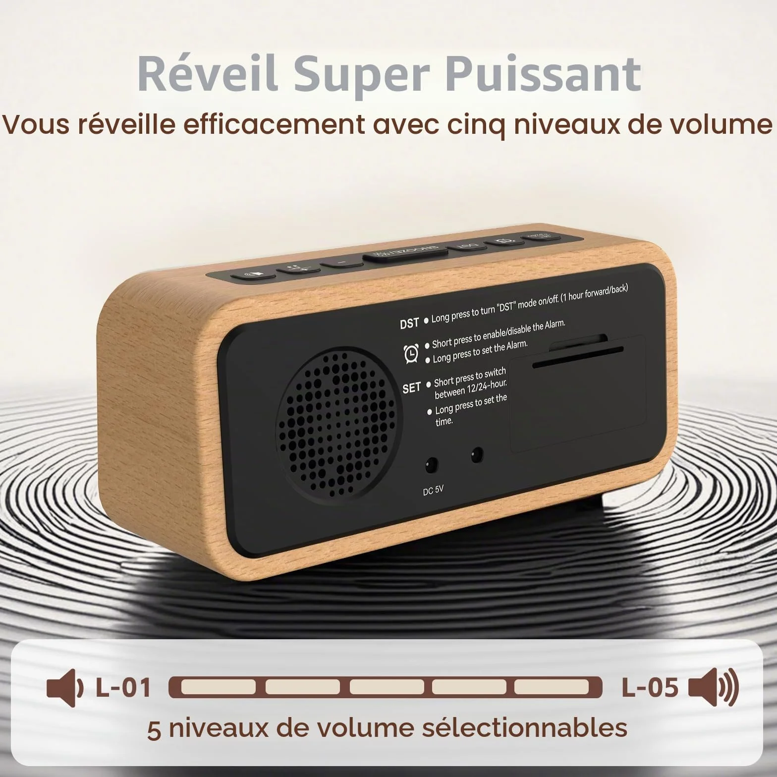 Réveil Rétro en Bois avec Affichage LED, 12 Sonneries d'Alarme, 5 Niveaux de Luminosité, Volume Réglable, Hêtre Blanc