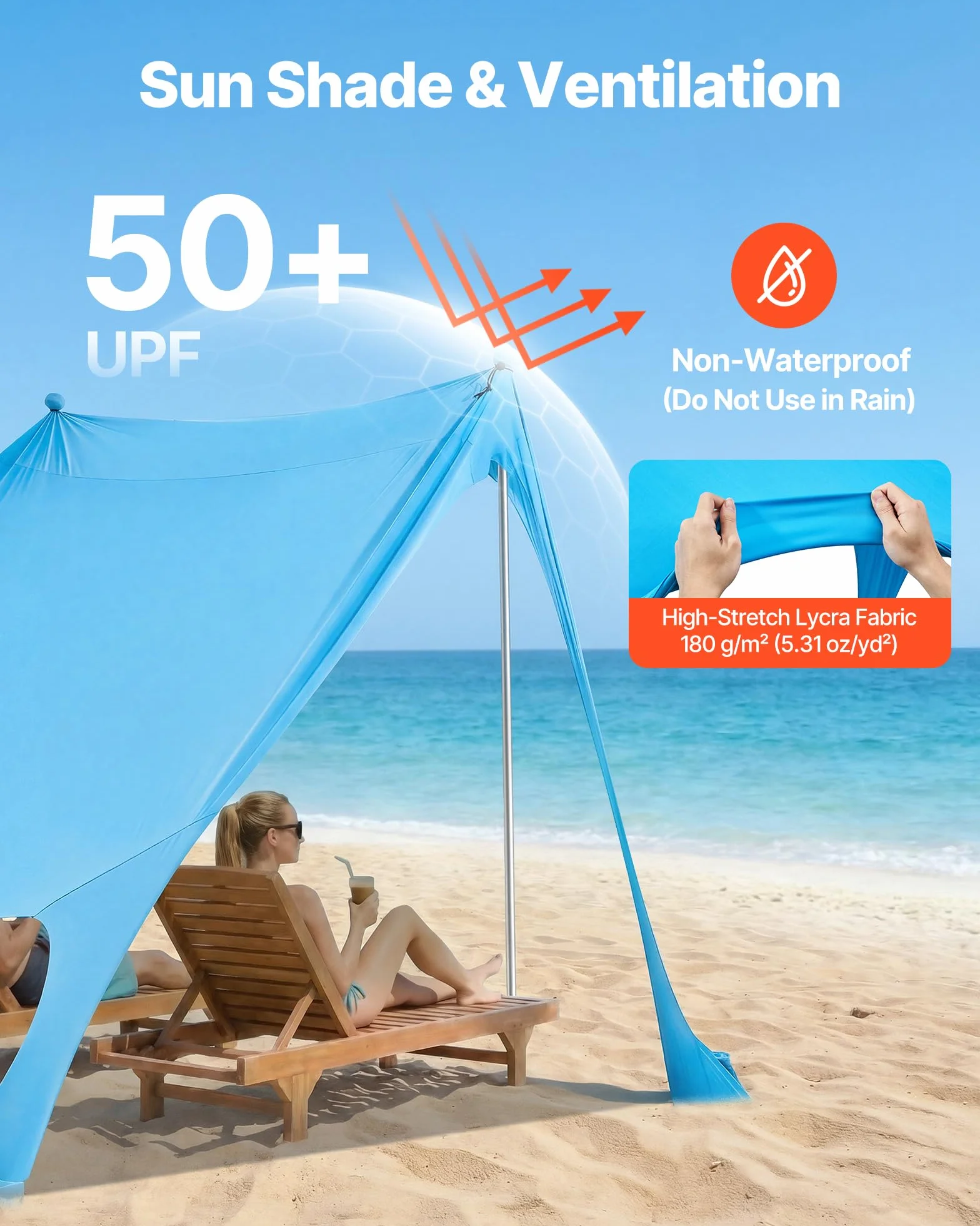 VEVOR Tente de Plage de 2,3x2,3x2 m, Abri Soleil UPF50+, Pare-Soleil Extérieur pour Plage Parc Camping et Pêche, Auvent Protection UV avec Sacs de Sable, Poteaux de Soutien et Pelles à Sable, Bleu