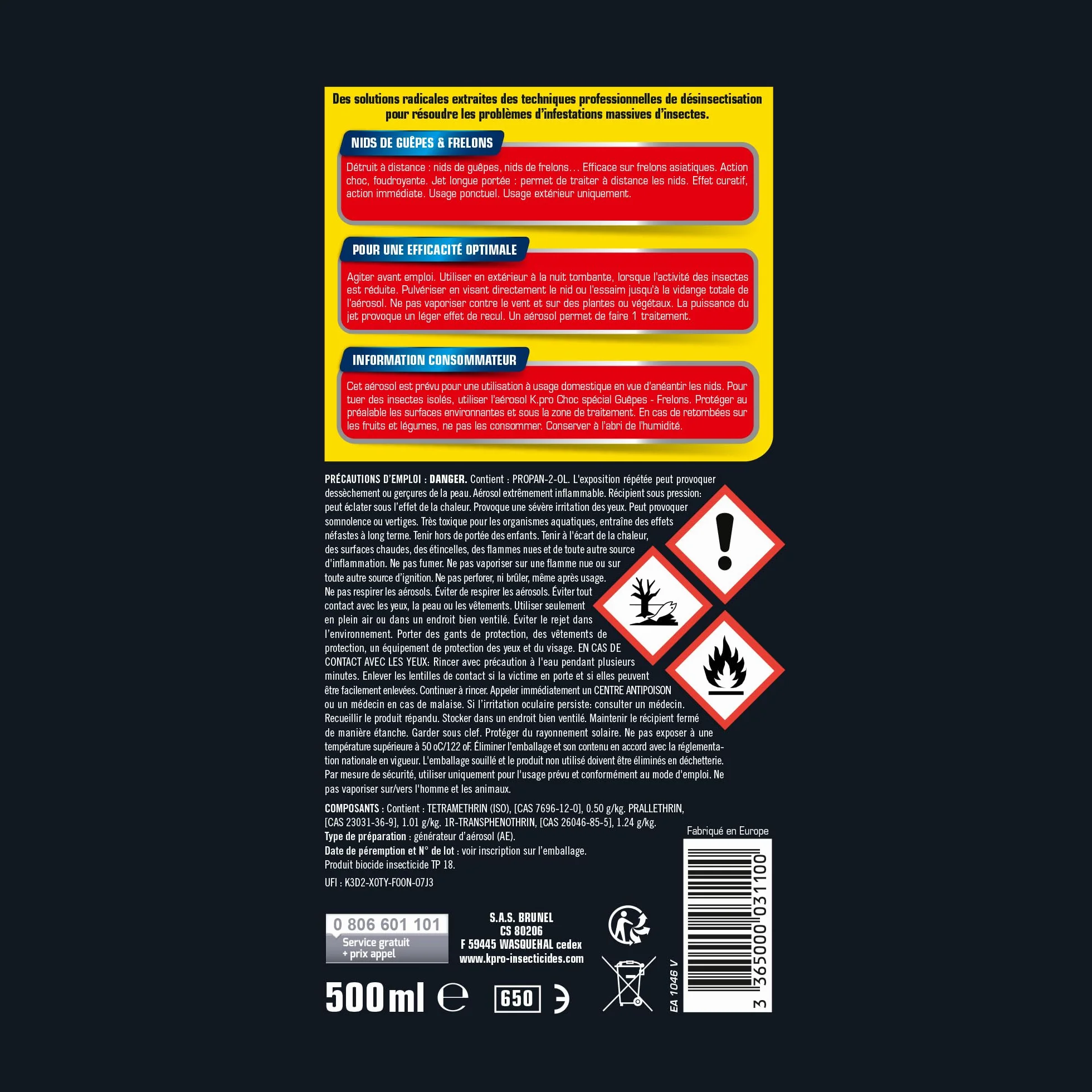 K.PRO Aérosol foudroyant choc nids de guêpes et frelons 500ml, Jet longue portée 6 mètres