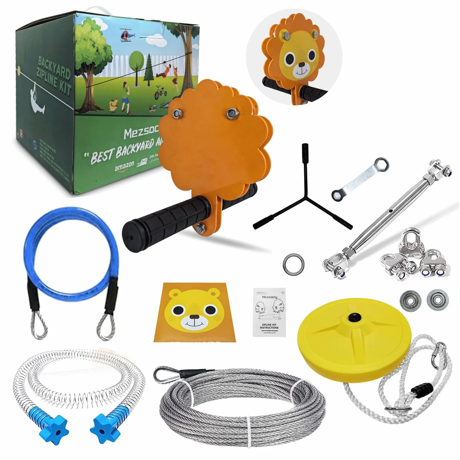 Slackline Set Tyrolienne Enfant Zipline kit 24m 80FT tyrolienne pour Enfants et Adultes, Jeu d'aventure, jusqu'à 150kg résistant, câble de sécurité et Frein à Ressort,Style Lion Orange