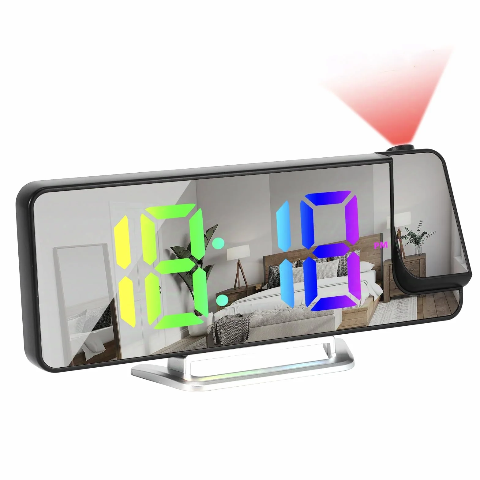 Réveil Projecteur LED 8,1" RGB, Projection Rotative 180°, Double Alarme 12/24H, Recharge USB