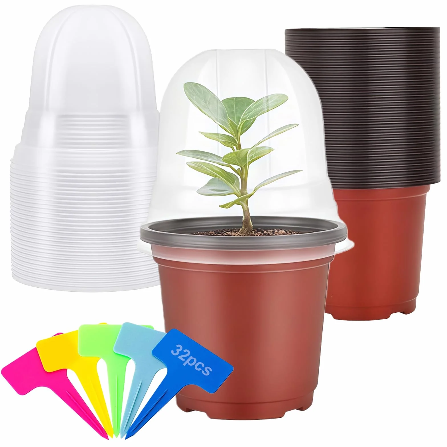 Godet Semis de Fleurs en Plastique 10 cm avec Dôme d'humidité 32 Pièces pour Jardin Intérieur Extérieur