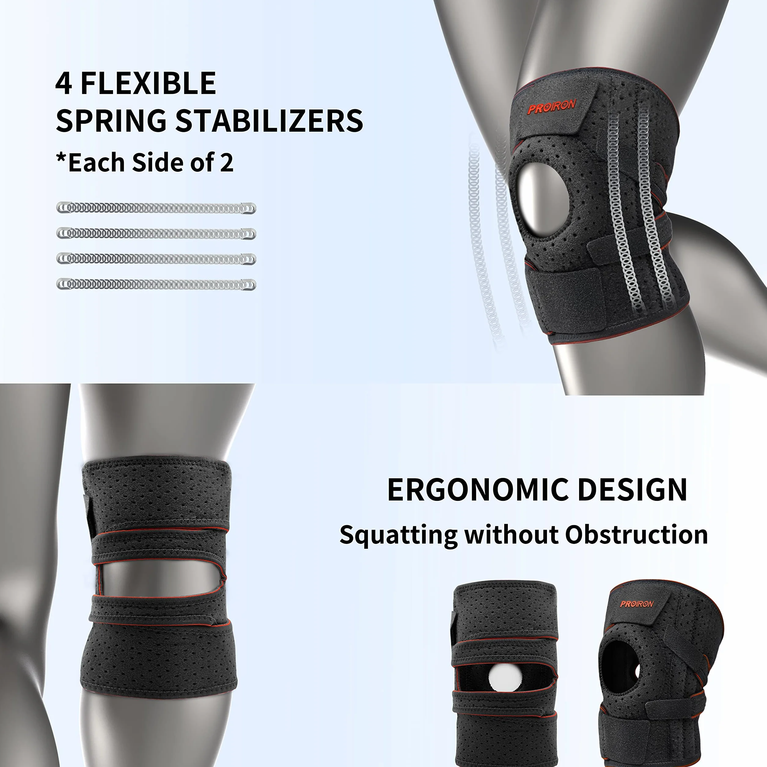 PROIRON Genouillère Sport Genouillère Régable, Genouillère Rotulienne et Ligamentaire avec Stabilisateur à ressort flexible Genouillères pour la Rotule,Noir