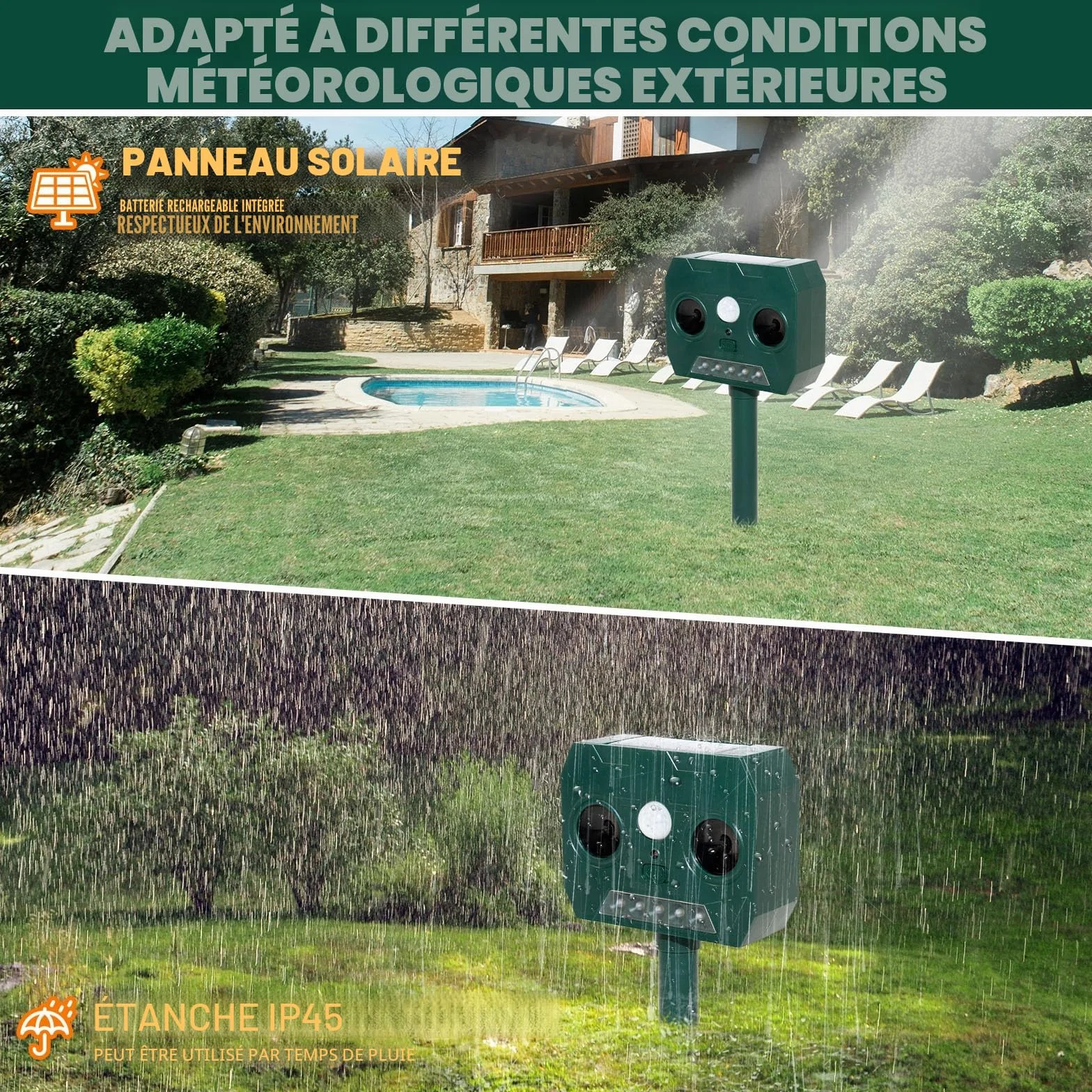 Repulsif Chat Exterieur Ultrason Solaire Impermeable IP45 12m 120° Effaroucheur Animaux Jardin LED