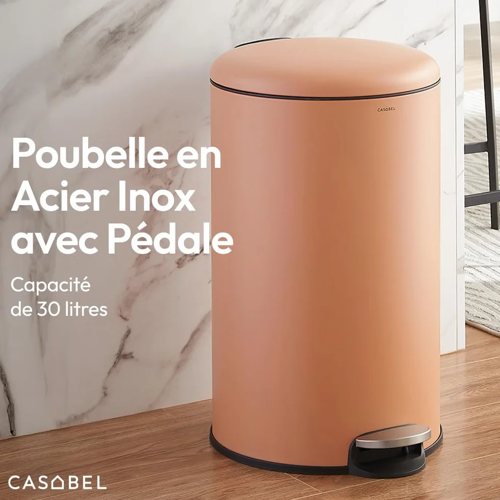 Poubelle Cuisine 30 L Acier Inox Anti-Traces avec Pédale Ronde Terracotta