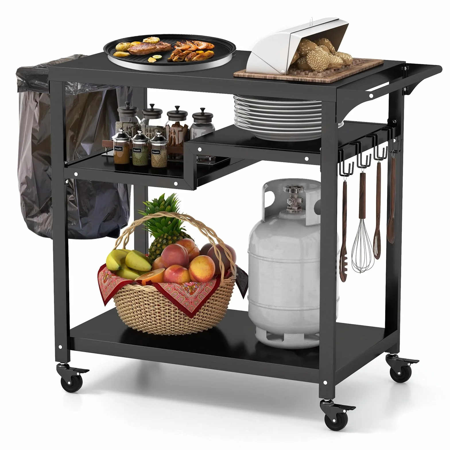 GOPLUS Desserte Jardin Exterieur Chariot Barbecue 4 Roues 4 Crochets Étagère 111x50.5x93 cm Charge 50kg