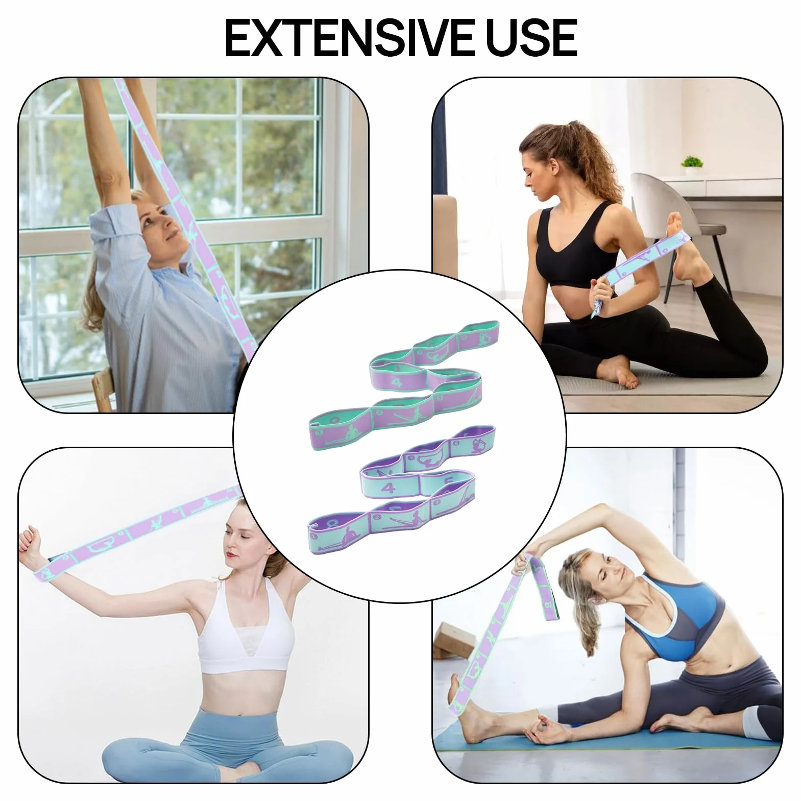 Lot de 2 Bandes de résistance à 8 Boucles, Sangle de Yoga, pour des étirements et Un entraînement de Yoga efficaces, Bande de Fitness, Bande d'étirement et Bande d'exercice en Un, idéales pour Les
