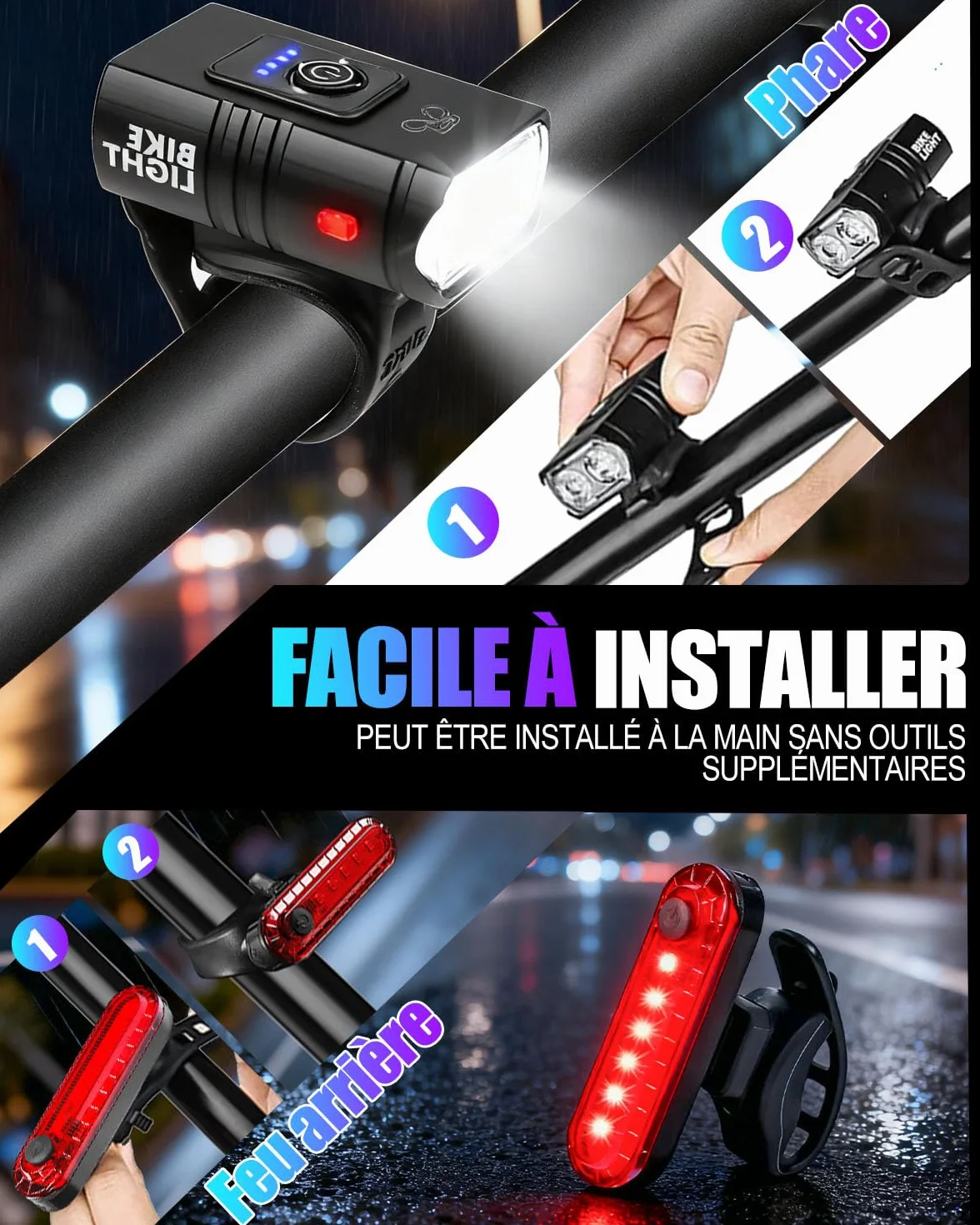 Lumiere Velo LED Ultra Puissant, Éclairage Vélo Avant et Arrière 6+4 Modes, Luminosité élevée, Rechargeable USB, Étanche IPX4, Luminosité Réglable, Facile à Installer Lampe Vélo pour VTT, VTC