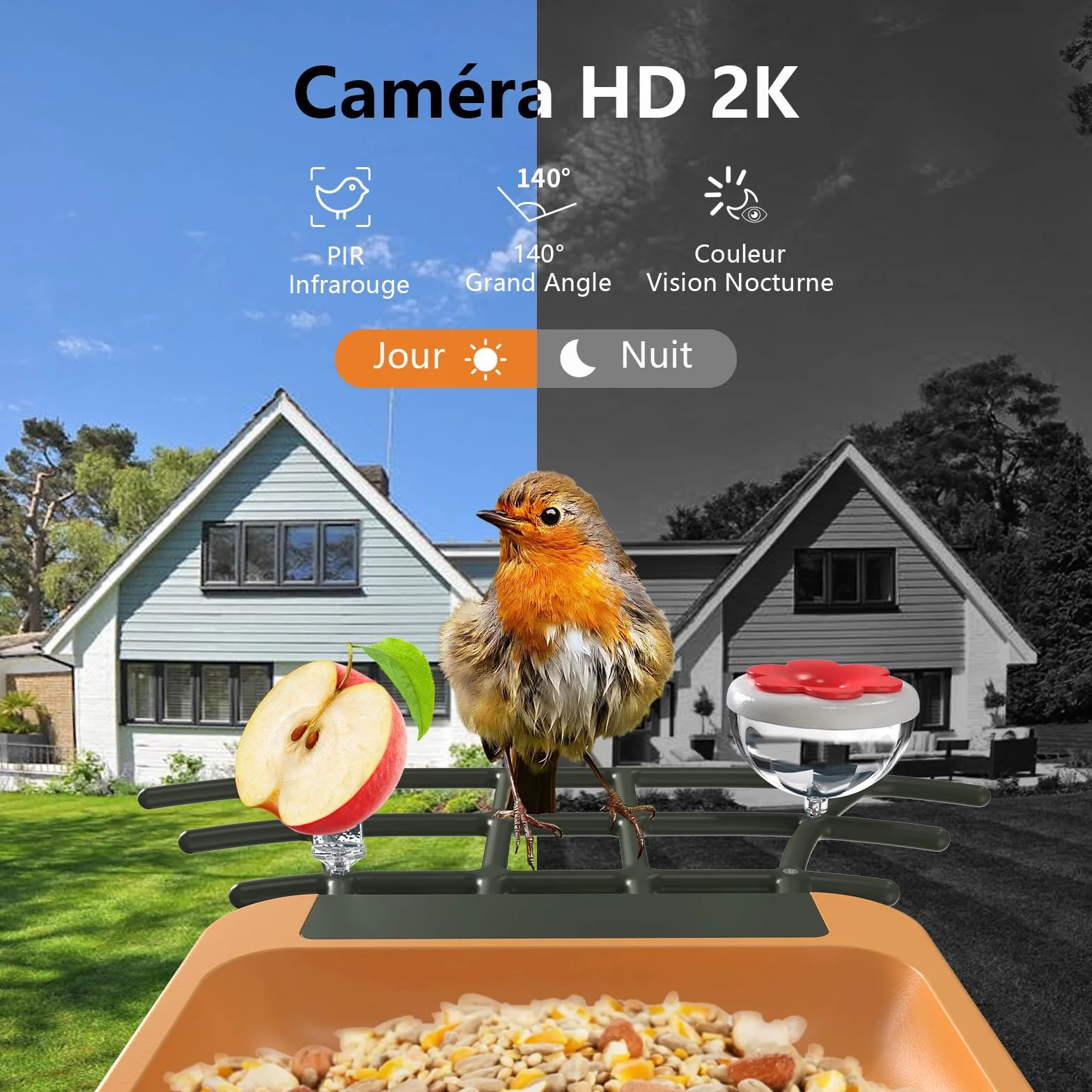 Mangeoire à Oiseaux avec Caméra AI Identification Oiseaux Vision Nocturne HD 2K IP65 Etanche Panneau Solaire
