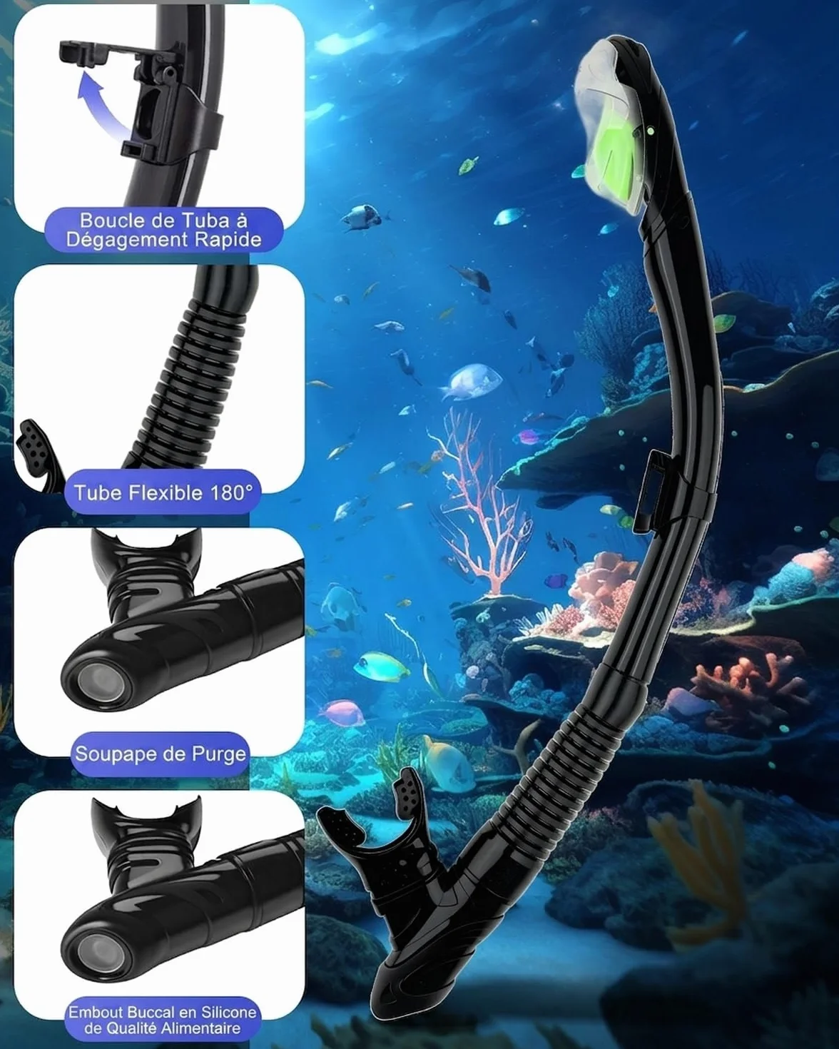 Masque de Plongée avec Vision Panoramique 180°,Masque Tuba Adulte Anti-Buée et Anti-Fuite avec Verre Trempé HD, Lunette Tuba Snorkeling RéGlable pour Natation, Plongée et Apnée