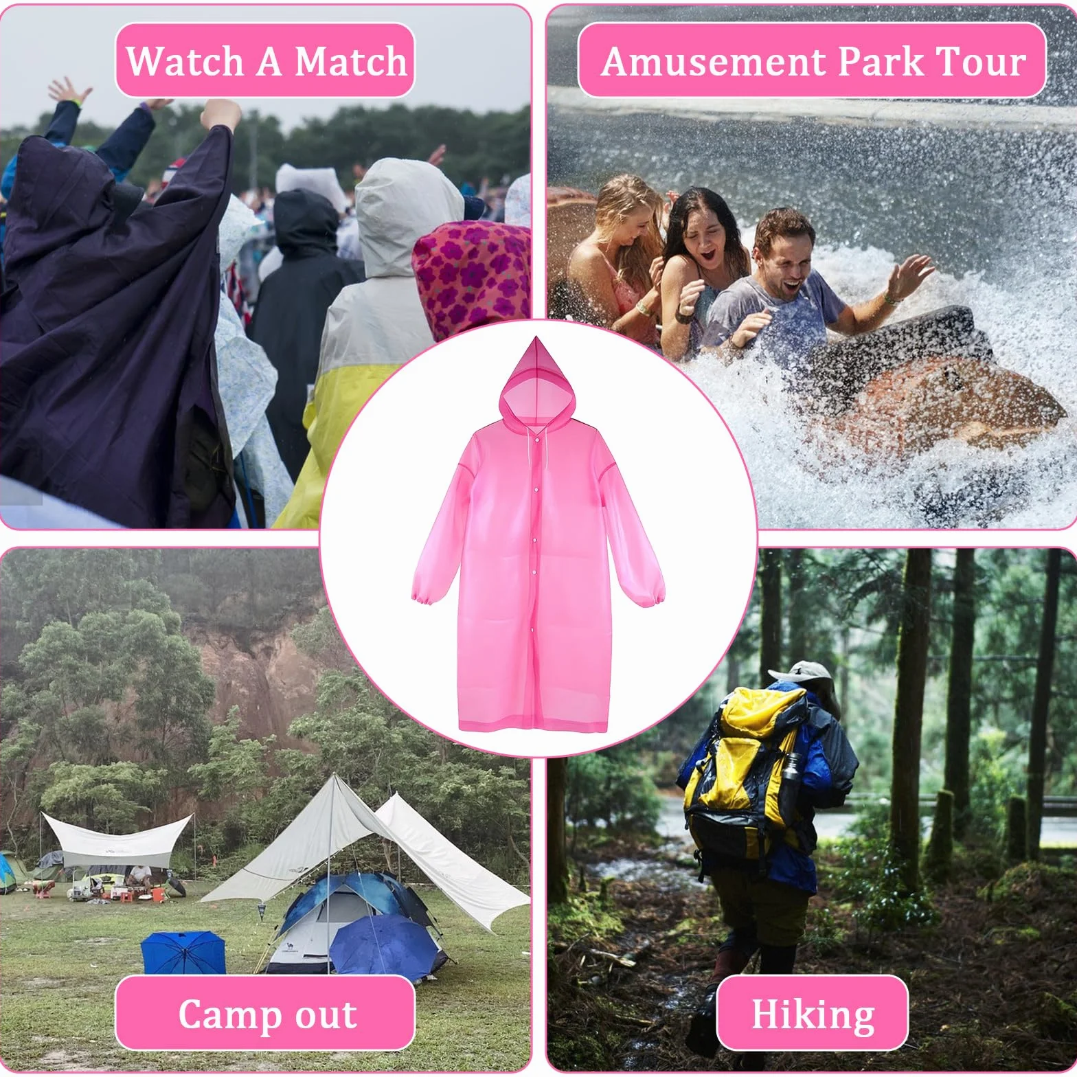 Ponchos roses pour femmes, poncho de pluie rose pour adultes, imperméable, réutilisable, épais, avec capuche et cordon de serrage