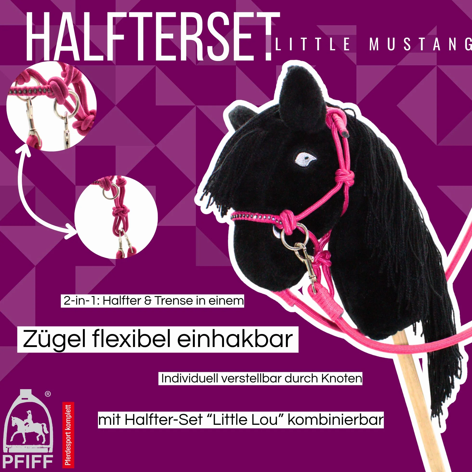 PFIFF Hobby Horse 103130 Little Mustang Licol à nœuds avec rênes Taille réglable avec Strass Violet