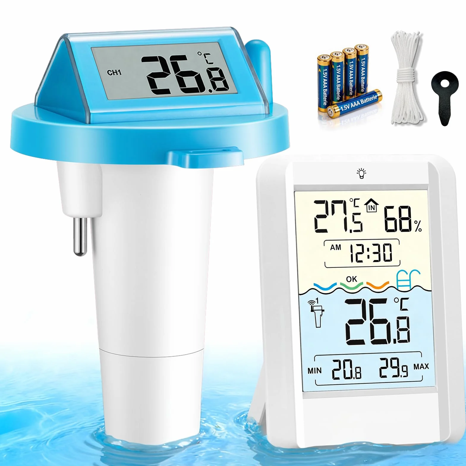 Warmfay Thermomètre de piscine numérique sans fil solaire batterie IP68 récepteur 70 m