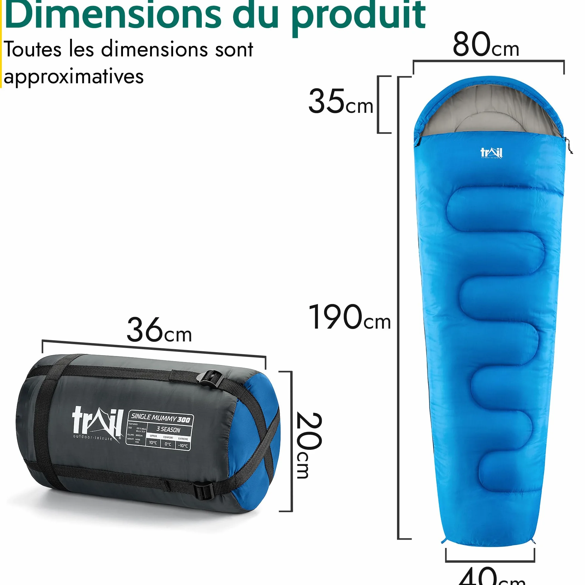 Trail Sac de Couchage Adulte Momie, Duvet 1 Personne pour 3 Saisons, Sac de Couchage Compact de 300 GSM pour Camping avec Poches et Sac de Compression