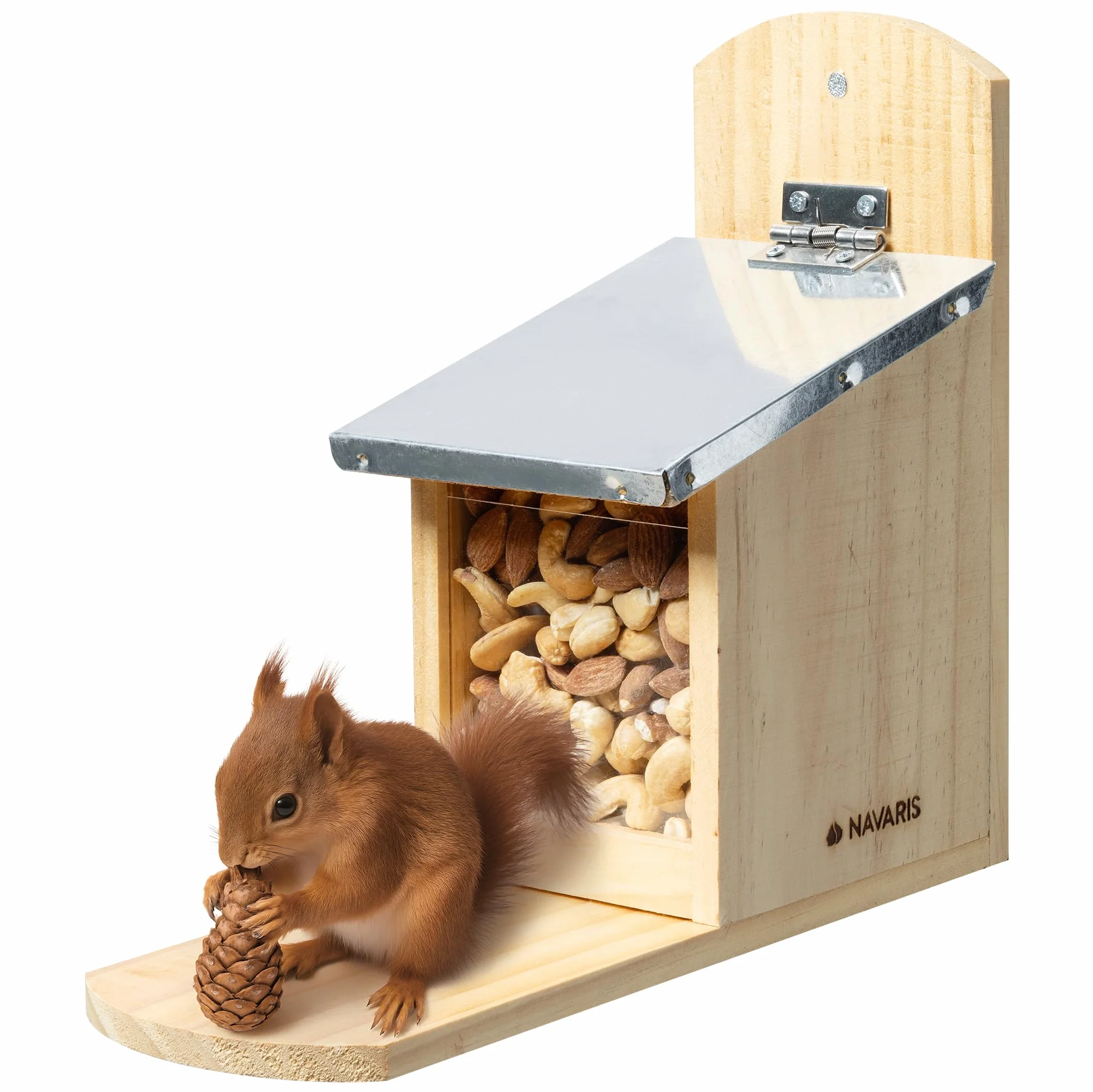 Navaris Mangeoire pour Écureuil Maison en Bois de Pin Toit en Métal Vitre 12 x 29 x 24,5 cm