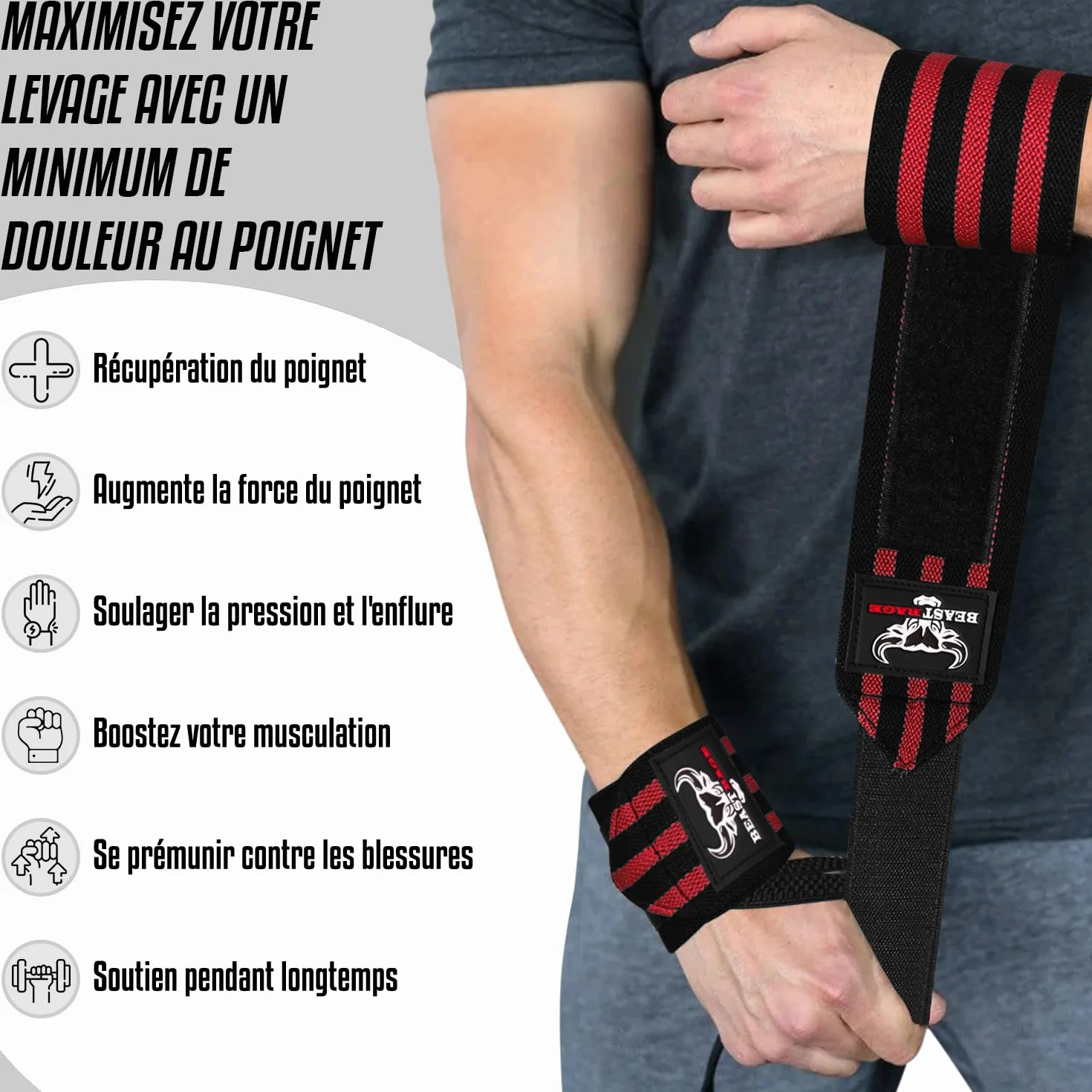 Beast Rage Gym Sangles d'haltérophilie pour fitness Sangle de support de poignet rembourrée en néoprène pour musculation, entraînement, sangle de traction, accessoires de fitness pour hommes et femmes