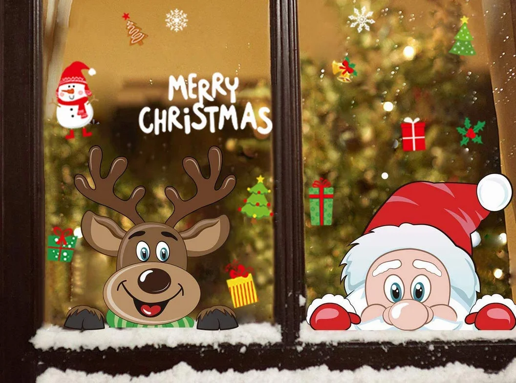 Autocollant fenêtre Noël enfant PÈRE NOËL et RENNE réutilisables électrostatique décoration vitres hiver