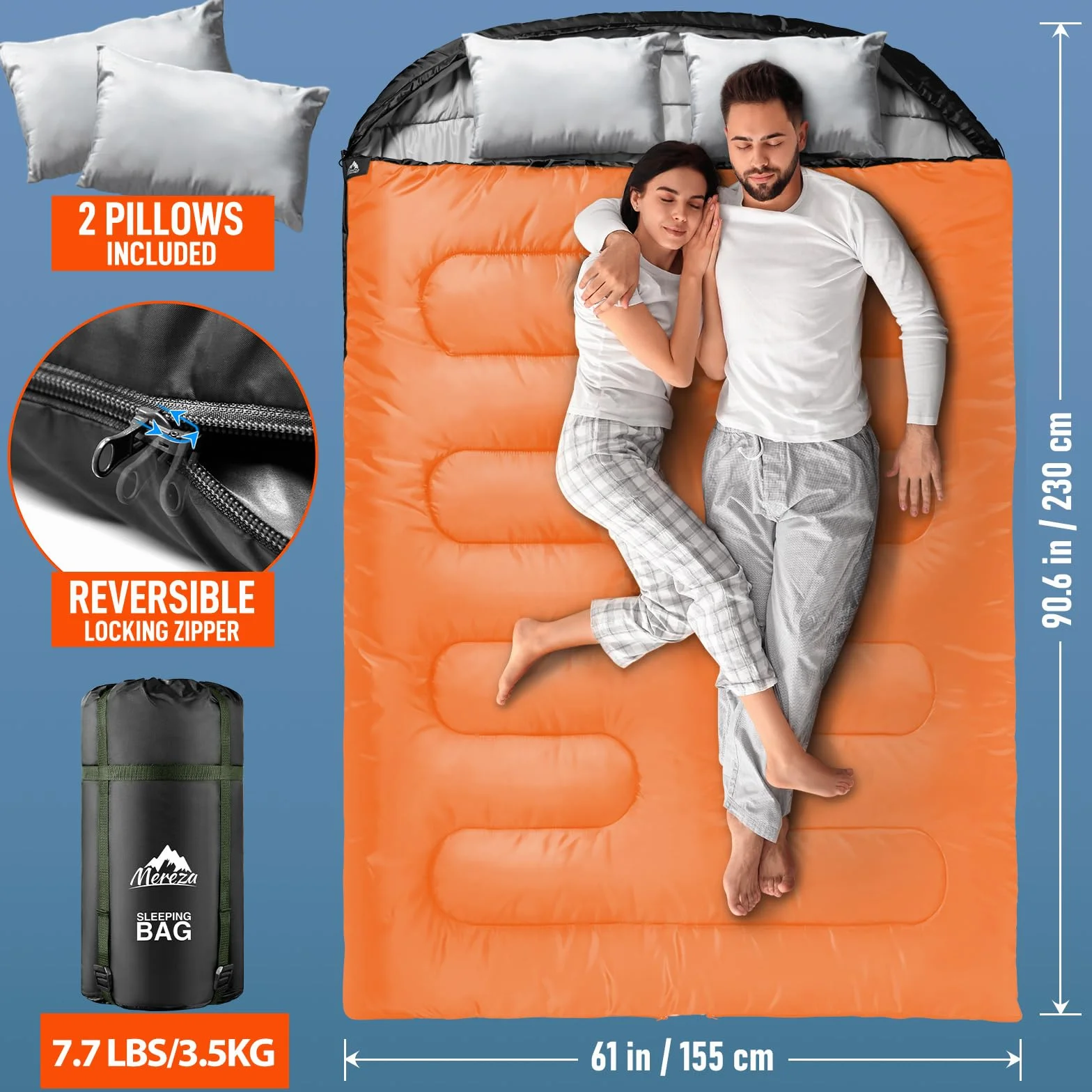 MEREZA Sac de couchage XL pour homme - Sac de couchage double pour adulte - Grand sac de couchage pour camping - Grand sac de couchage pour 2 personnes - King size - Chaud et froid