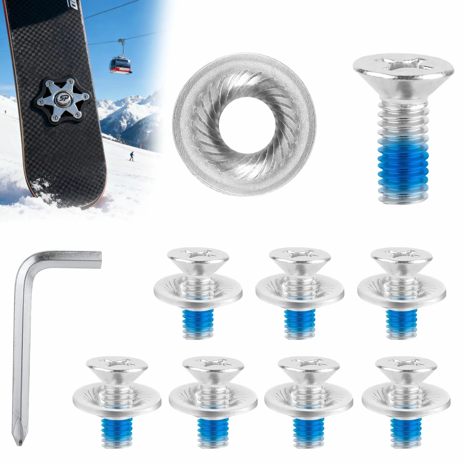 Vis de fixation pour snowboard M6 acier inoxydable avec rondelles antidérapantes - Lot de 8 avec tournevis