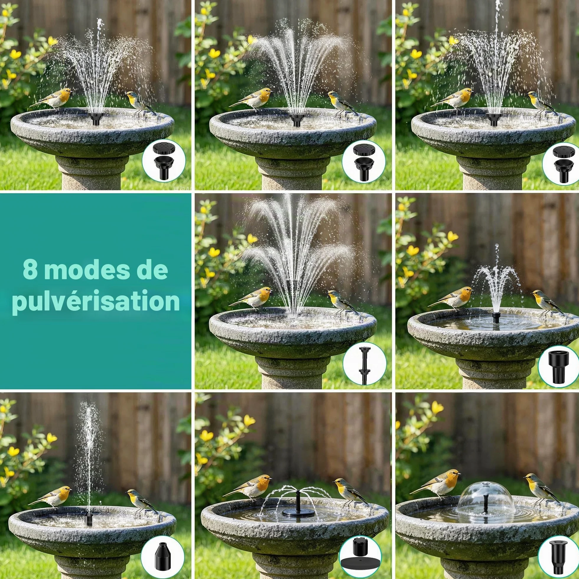 Fontaine Solaire 8 W Extérieur avec Batterie 3600 mAh Pompe Bassin Filtre Flottante ABS