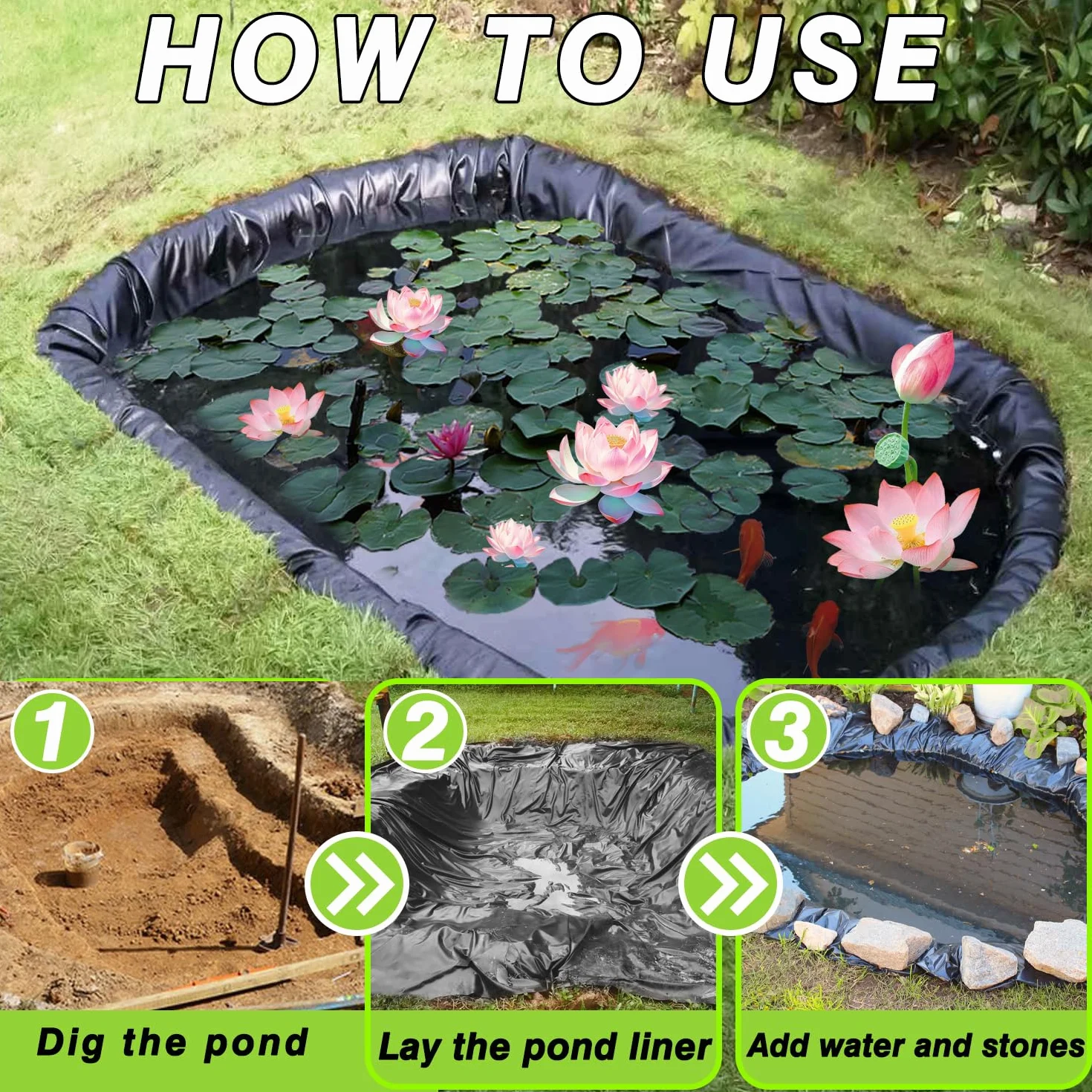 Bache Bassin PVC 2m x 2m Noire Imperméable Résistante Intempéries Membrane Étanchéité Bassins Poissons Piscines Cascade Fontaines