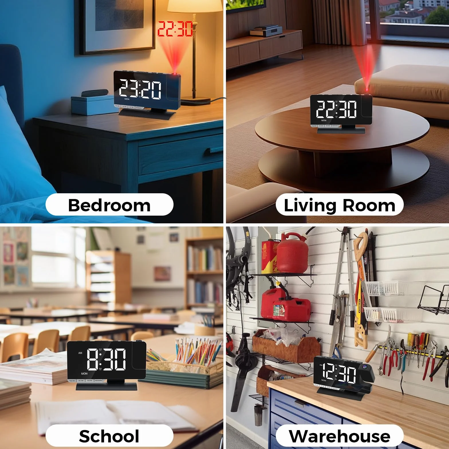 Réveil Projection Plafond Horloge Numérique LED avec Recharge USB, Surface Miroir, Snooze, Rotation 180°, Mode Inversé, Réglage Luminosité 12H/24H