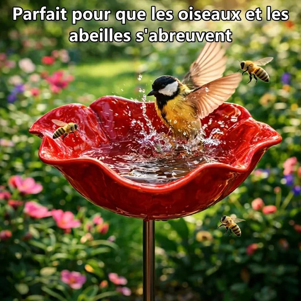 Mangeoire Oiseaux Extérieur Métal sur Pied 3 Pièces Forme Fleur pour Jardin