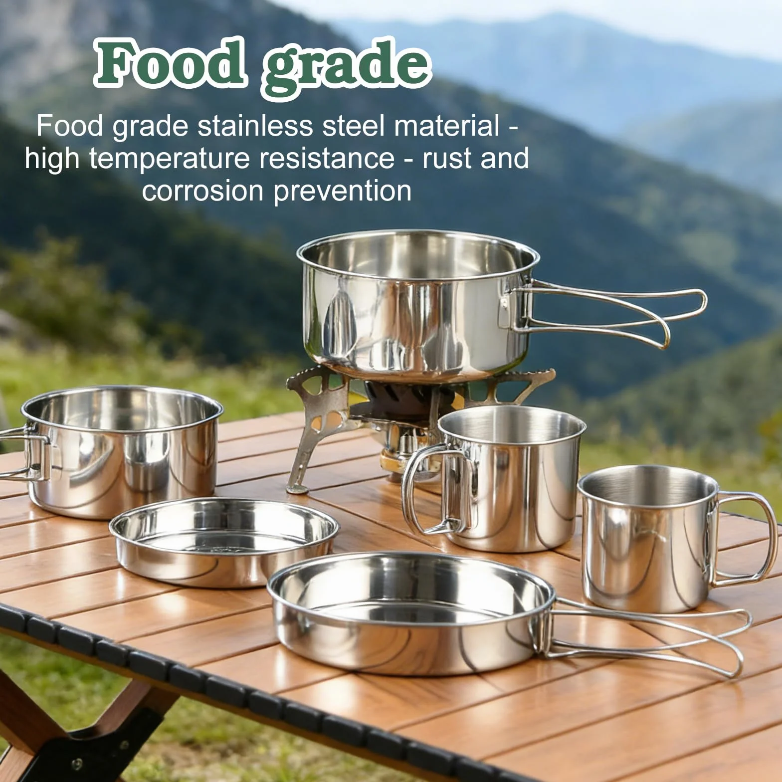 Lot de 5 Batterie de Cuisine de Camping, Kit de Casseroles Camping, Kit de Casseroles de Camping, en Acier Inoxydable avec Sac de Rangement et gobelet Pliable pour 1 à 3 Pique-niques