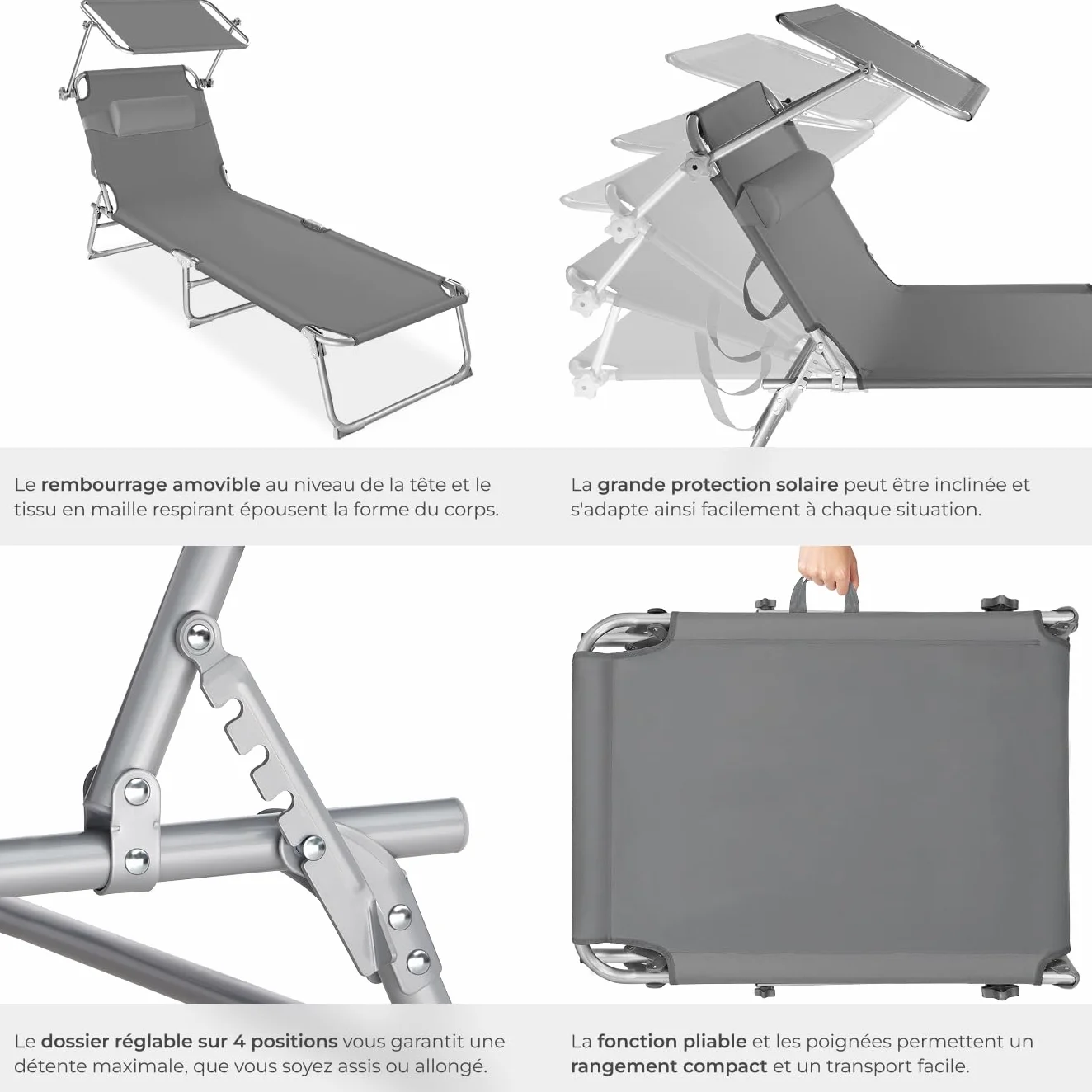 Tectake Set de 2 Chaises Longues Pliantes avec Pare Soleil & Appuie-tête - Transat Inclinable de Plage Gris